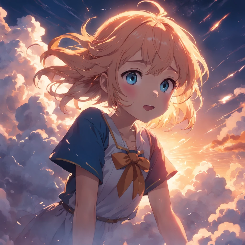 masterpiece, best quality, movie still, 1girl, cloud girl, floating in the sky, close-up, bright, happy, warm soft lighting, sunset, (sparks:0.7)