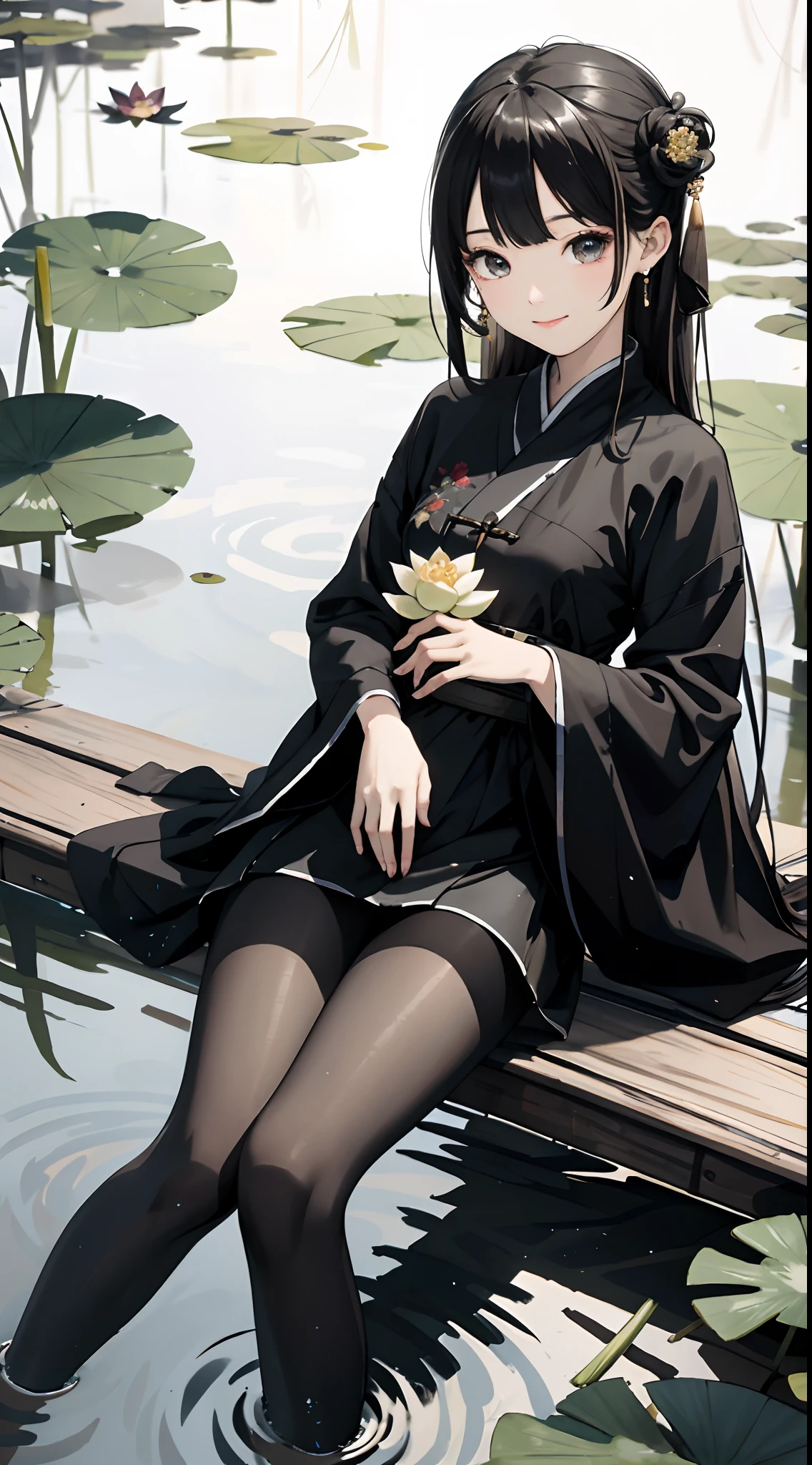 hoang lap，8K high resolution，ultra - detailed，（1girll：1.3），handpainted，Simple lines，-yeld giwearing black Chinese clothing，beuaty girl，In the lotus pond，tmasterpiece，Sit on a plank floating in the water，Floating hair，black pantyhoses，black pantyhoses，looking toward the viewer，ssmile，posed for photo，