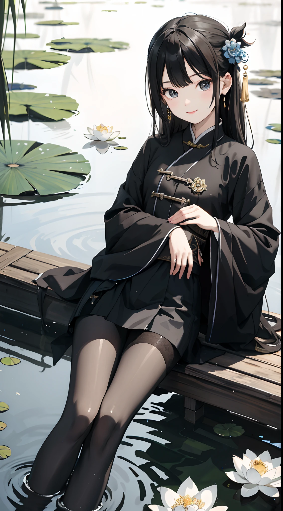 hoang lap,8K high resolution,ultra - detailed,(1girll:1.3),handpainted,Simple lines,16-year-old girl wearing black Chinese clothing,beuaty girl,In the lotus pond,tmasterpiece,Sit on a plank floating in the water,Floating hair,black pantyhoses,black pantyhoses,looking toward the viewer,ssmile,posed for photo,