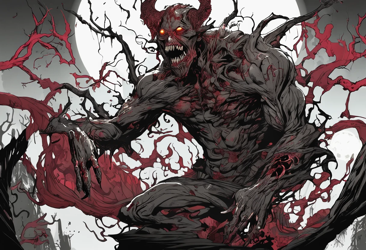 demonio vermelho e preto aterrorizante com unhas e garras, cores mortas, Jantar de terror, Gothic dinner, dark mist, Jantar macabro tenso, decomposition, Dark black liquid of the decomposing body, 12k resolution, sorriso do mal perverso, cena sombria escura em casa assombrada muito assustadora, ultra-detalhado, ((arte sombria)), πântano of horror, whole body view, head to toe, UHD