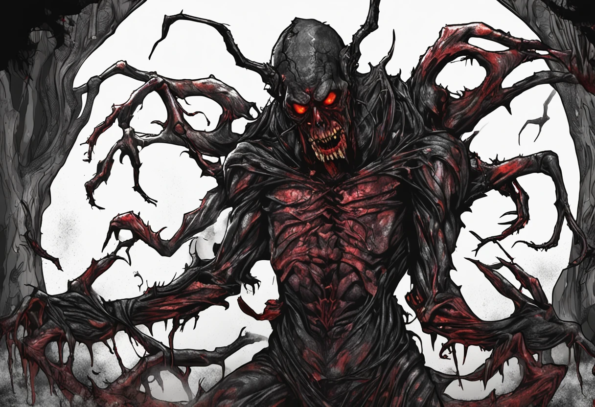demonio vermelho e preto aterrorizante com unhas e garras, cores mortas, Jantar de terror, Gothic dinner, dark mist, Jantar macabro tenso, decomposition, Dark black liquid of the decomposing body, 12k resolution, sorriso do mal perverso, cena sombria escura em casa assombrada muito assustadora, ultra-detalhado, ((arte sombria)), πântano of horror, whole body view, head to toe, UHD