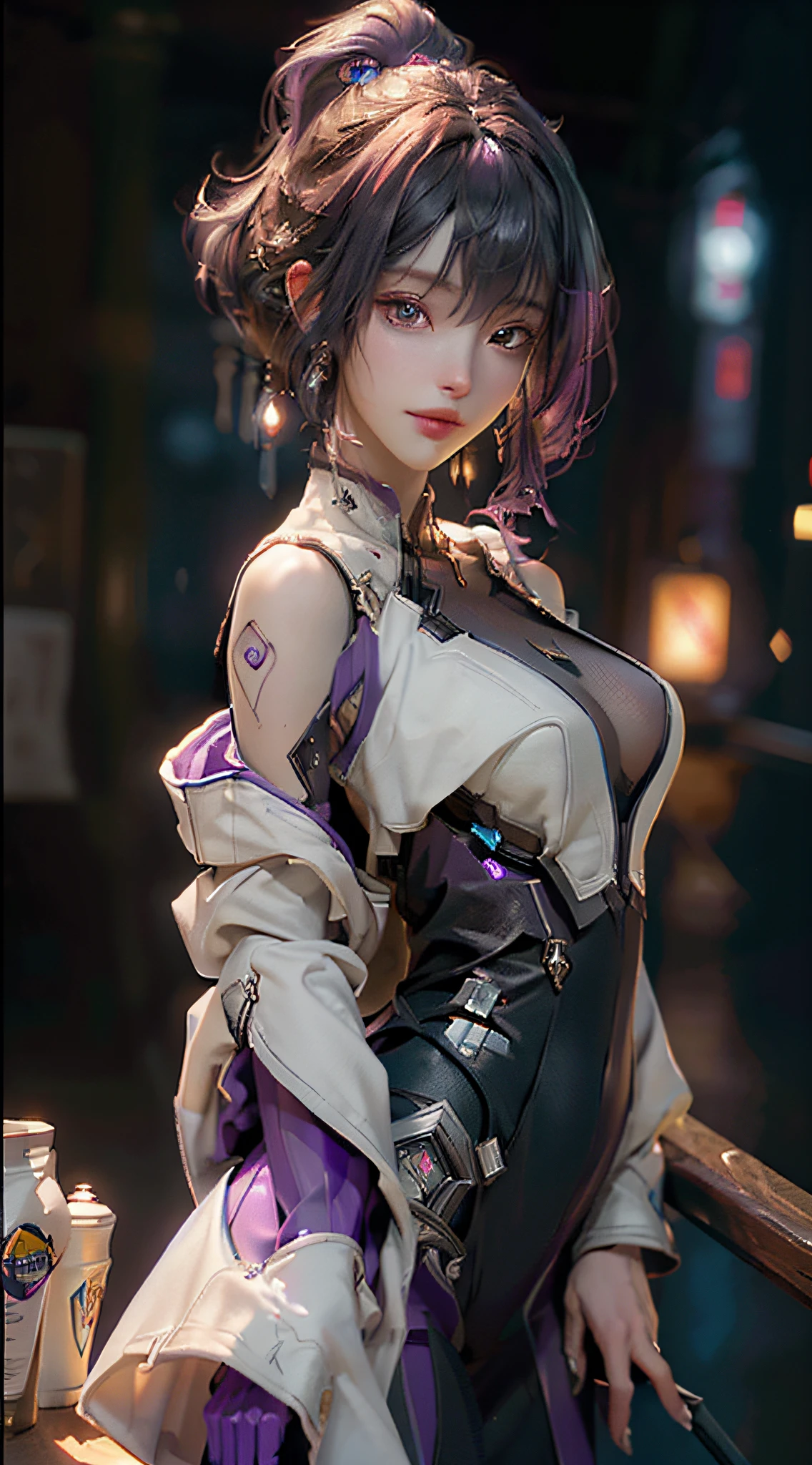 ((Best quality)), ((masterpiece)), (detailed: 1.4), 3D, an image of a beautiful cyberpunk woman, purple hair, night metropolis background, HDR (High Dynamic Range),Ray Tracing,NVIDIA RTX,Super-Resolution,Unreal 5,Subsurface dispersion, PBR texture, Post-processing, Anisotropic filtering, Depth of field, Maximum clarity and sharpness, Multilayer textures, Albedo and specular maps, Surface shading, Accurate simulation of light-material interaction, Perfect Proportions, Octane Render, Two-Tone Lighting,Wide Aperture,Low ISO,White Balance,Rule of Thirds,8K RAW,
