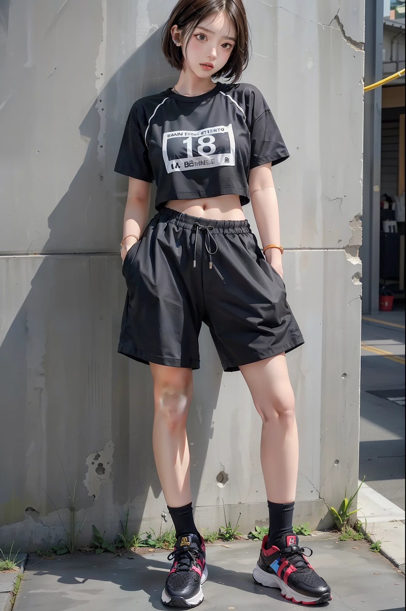 1girll,18 years old,(full-body view),with short black hair,Summer sportswear,Cool,(shorter pants),AJ shoes。