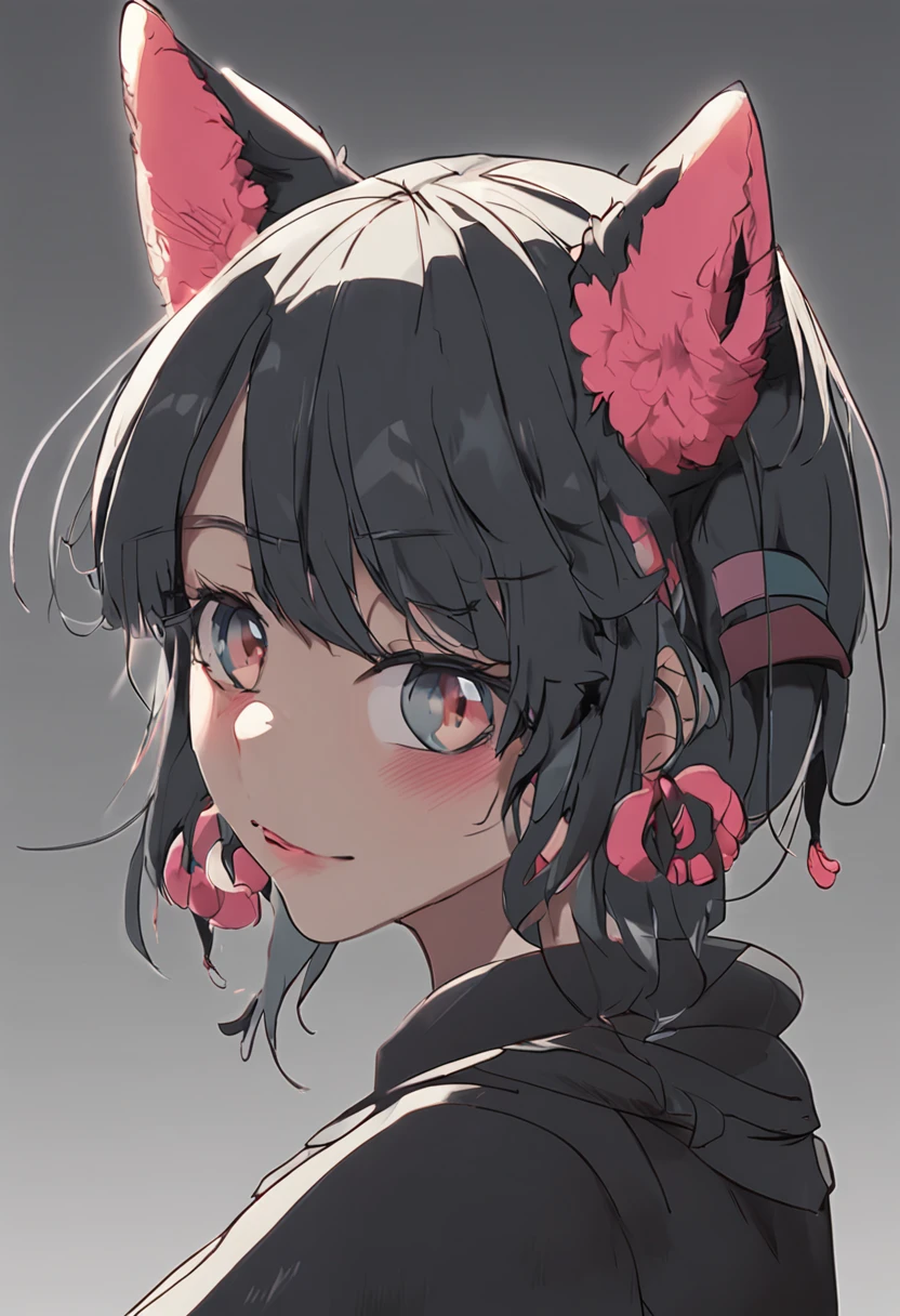 black hair, hair bobbles, wince, longeyelashes, solid circle eyes, fake animal ears, light smile, ear blush, fang, Surrealism, drop shadow, anaglyph, stereogram, tachi-e, pov, atmospheric perspective, 8k, super detail, ccurate, best quality