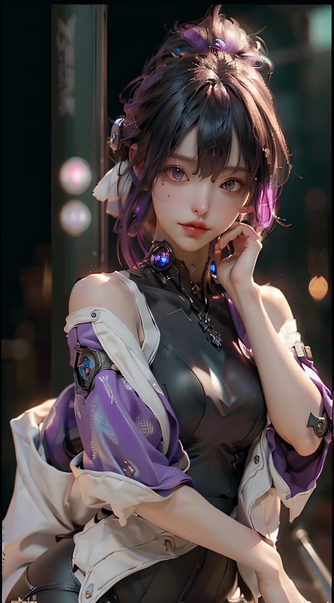 ((Best quality)), ((masterpiece)), (detailed: 1.4), 3D, an image of a beautiful cyberpunk woman, purple hair, night metropolis background, HDR (High Dynamic Range),Ray Tracing,NVIDIA RTX,Super-Resolution,Unreal 5,Subsurface dispersion, PBR texture, Post-processing, Anisotropic filtering, Depth of field, Maximum clarity and sharpness, Multilayer textures, Albedo and specular maps, Surface shading, Accurate simulation of light-material interaction,  Perfect Proportions, Octane Render, Two-Tone Lighting,Wide Aperture,Low ISO,White Balance,Rule of Thirds,8K RAW,