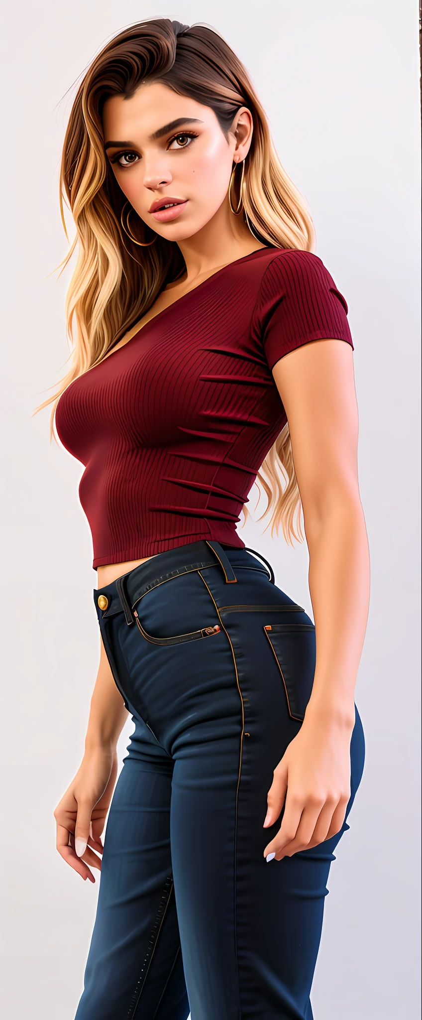 uma mulher linda, Supermodelo brasileira, brasileiro, na copa do mundo, fernanda suarez, Caroline Gariba, Ana de Armas, colombiano, Malika Favre, linda senhora, julia sarda, 🇺🇦, Parece Fabiula Nascimento, Dua Lipa, Mulher mexicana bonita em um top marrom e jeans preto, usando um top cropped sexy, camisa apertada, usando roupas simples e apertadas, topo de corte, top bonito, usando um top bonito, com corte rasgado t - camisa, roupa apertada, camisa vermelha, vestindo camisa apertada, cintura magra e quadris grossos, Topo de colheita, metade superior do corpo, Roupa aberta v peito, fotografia realista, fotografia, obra-prima, realista, Realismo, renderizado, Alto contraste, Arte Digital, fotográficorealista, trend in Artstation 8k HD, high definiton, circunstanciado, Realistic, detalhada, textura da pele, hiperdetalhada, Textura realista da pele, melhor qualidade, ultra high-resolution, (fotografia realista: 1.4), alta resolução, detalhada, fotografia crua, Crisp resolution, Nikon d850 filme, fotografia de stock 4, Kodak Portra 400 Camera F1 Lens.6, textura hiper realista, lighting dramatic, Unrealistic trend in Artstation Cinestill 800, RAW.