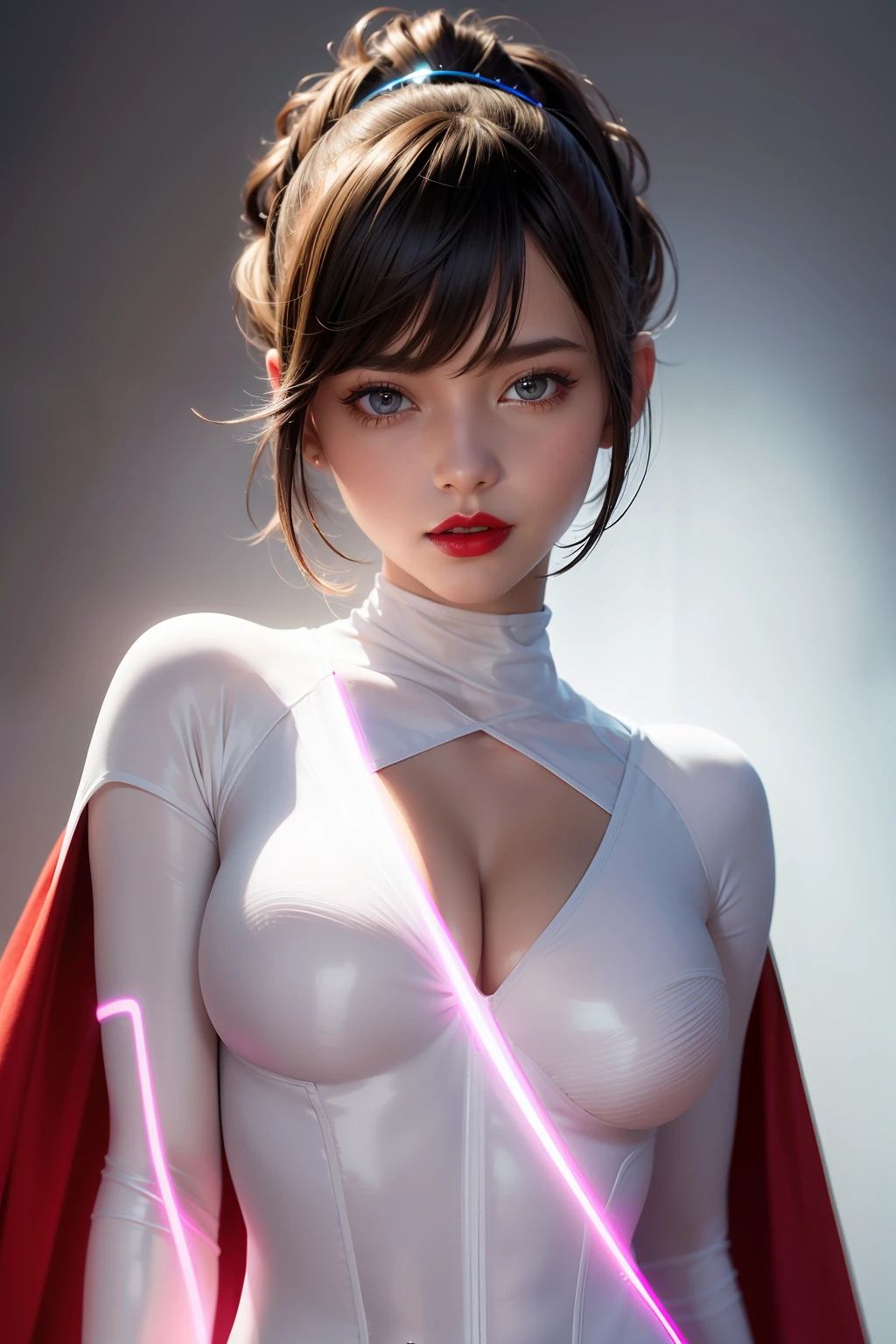 Portrait bust to waist ((half body)) perfect skin, hyperrealistic masterpiece, Superheroine ((fringe glowing colorful)) in extremely complex & superdetailed tight future mech plugsuit ((with white cape)), cinematic illumination: 8k, (((Cute Loose pixie hairstyle))), symmetrical eyes, realistic, sharp focus, HD, highly detailed, intricate, photography, hyperrealism, hyperrealistic, film, studio portrait, detailed, dramatic lighting, (red lips)