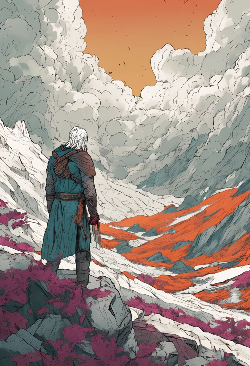 The boy with white hair,The arm is wrapped around a bandage,Standing in the mountain of corpses