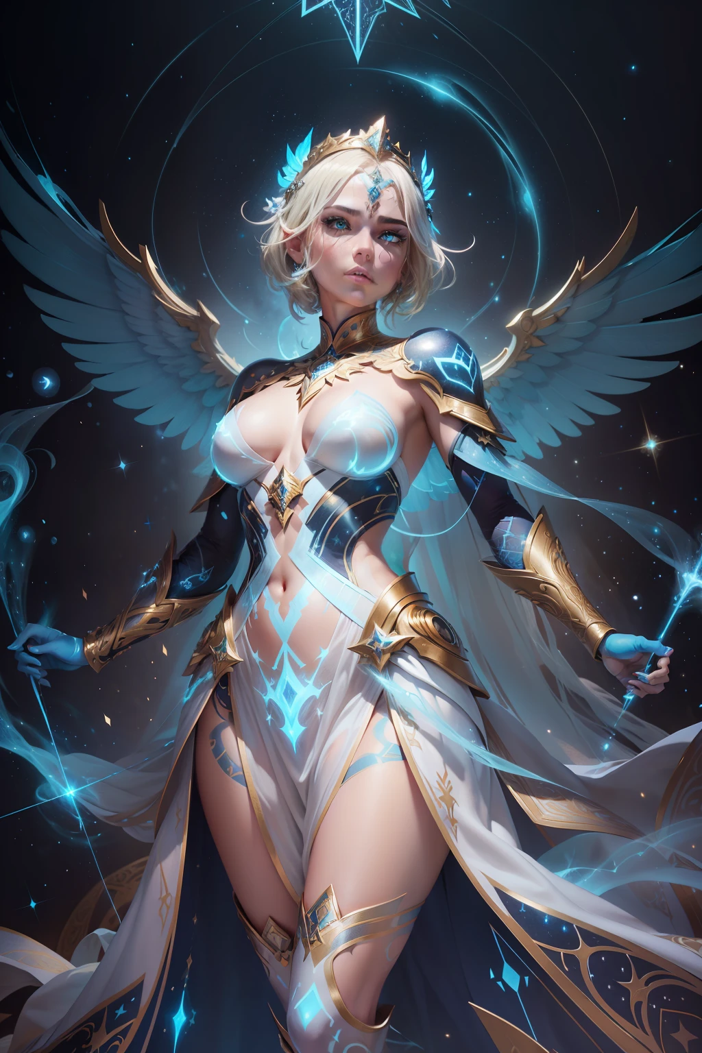 Bold spangled graphic illustration, dynamic pose, bioluminescent gold glow, glowing constellation tattoos, light fantasy, warrior garments, white gold lights, dreams, starry night, splash art, photo, 8k, shot on camera Canon 1DX, 50 mm f/2.8 lens, raw, one magnificent messenger angel, whole body, electric blue fire electric lasers coming from her eyes, huge white and gold wings, modest clothing, masculine armor, glowing constellation tattoos across her skin and face, deadly, fully clothed, short straight blonde hair, flowing ornate white gold gown, glowing tattoos, constellations, caring expression, fully clothed, empress, warrior, bokeh in the style of da Vinci.