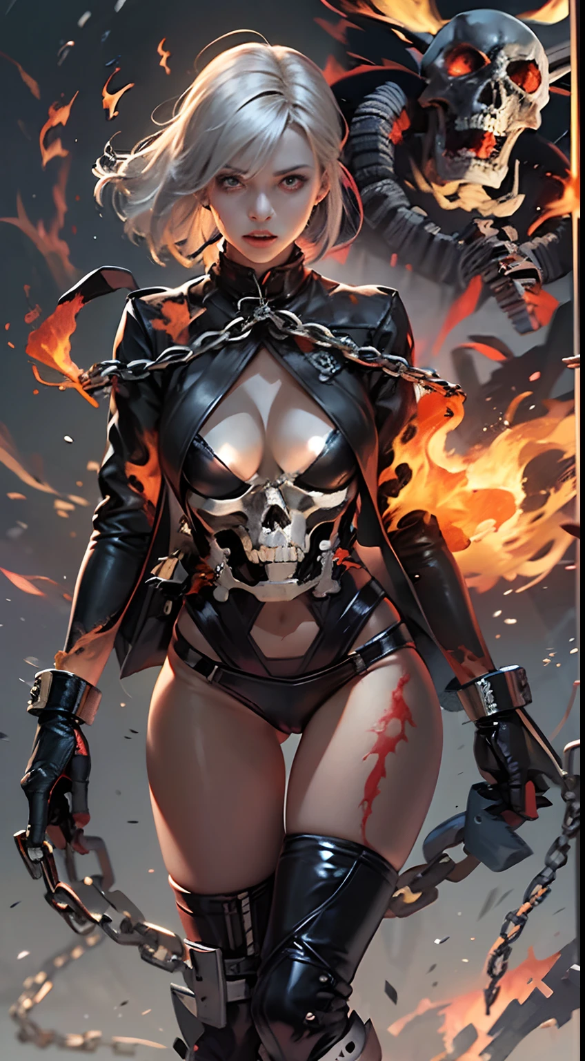 Female version of Ghost Rider, (Ghost Rider),A superhero under the Marvel Comics umbrella,The image is usually a burning human skeleton、Wear leather clothing、Heroes in chains,And get on a flaming motorcycle,Fight evil enemies everywhere。Flames flutter in the wind,The burning skull speaks of his immense hatred,He gave his soul to hell,Surround your filthy body with poisonous fire and chains,In his fiery eyes,You see your own sinful life,That manic laughter devours your entire soul。Ride a spooky Harley for the night,Walk between hell and earth,The roar of the motor is accompanied by an angry roar,What remains is a line of fire that attracts light and darkness。Everywhere the motorcycle passes, It will be a mess,There will also be fire marks on the road。Influenced by supernatural forces,The deep flames of hell,Will directly cover the whole body of the Evil Spirit Knight,After the flesh and blood were burned,It took the form of hellfire。If you don't wear clothes,Skeleton and fire do not make the character visible,If you put on clothes,It can show a part of the body in human form,And better than the host body in human form。Hellfire can scorch anything as the Ghost Rider himself wishes,Or something that won't hurt any evil spirit knights。