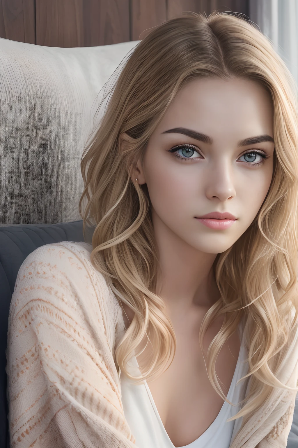 absurdres, RAW photo, highest quality, (masterpiece: 1.3), high detail RAW color photo, professional photo, extremely detailed CG 8k wallpaper unit, photo-realistic, realistic, RAW photo, masterpiece, best quality, highres,
1girl, 19 YEARS OLD, white, blonde hair, wavy, Average length, unkempt hair, beautiful body, perfect gorgeous face, beautiful light brown realistic eyes, fair skin, detailed skin texture, very small natural breasts. Serious. Guy who just woke up. Lying on a couch with a blanket. Selfie angle. (Sleepwear, simple design). An ordinary house, small, dark.