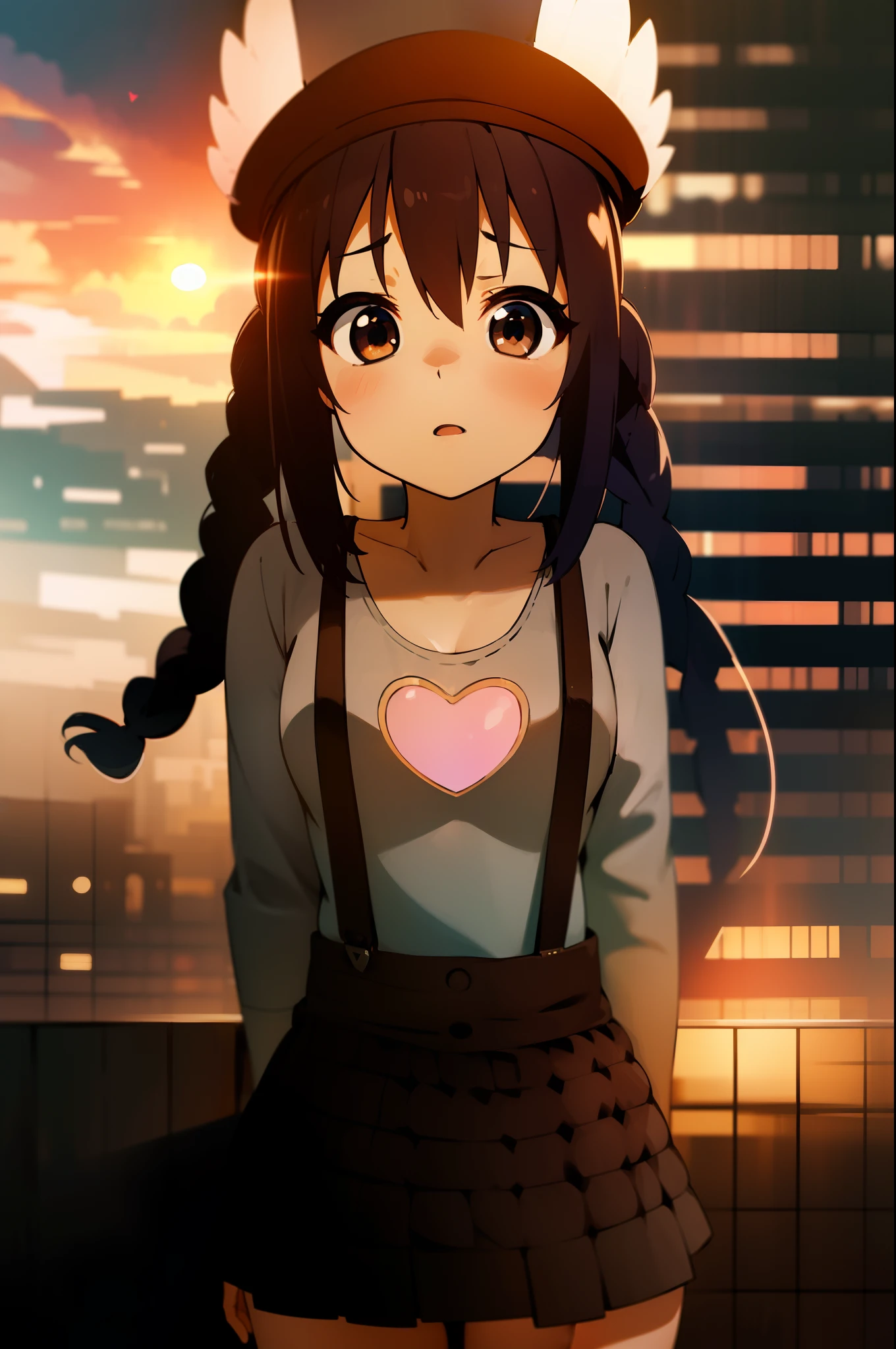 1girl, (((​masterpiece))), top-quality, top-quality, High Details, nakano azusa, 1girl, Twin-tailed, length hair, A dark-haired, brown-eyed, Gray T-shirt.suspenders.a black skirt.illustratio, comic strip, soothing tones, Subdued Color, Soft cinematic light, adobe lightroom, photolab, HDR, intricately and hyper-detailed、(((depth of fields))))。(((​masterpiece)))。(((top-quality))).)((ultra-detailliert)))。(((illustratio)))。(((takeout))).dynamic focus.Medium chest.(((Skyscrapers))).(((A city scape))).(((Straight face))).(((up chest))).((evening glow)).((the setting sun)).(((Heart on chest))).Feathered hat.Opening Mouth.