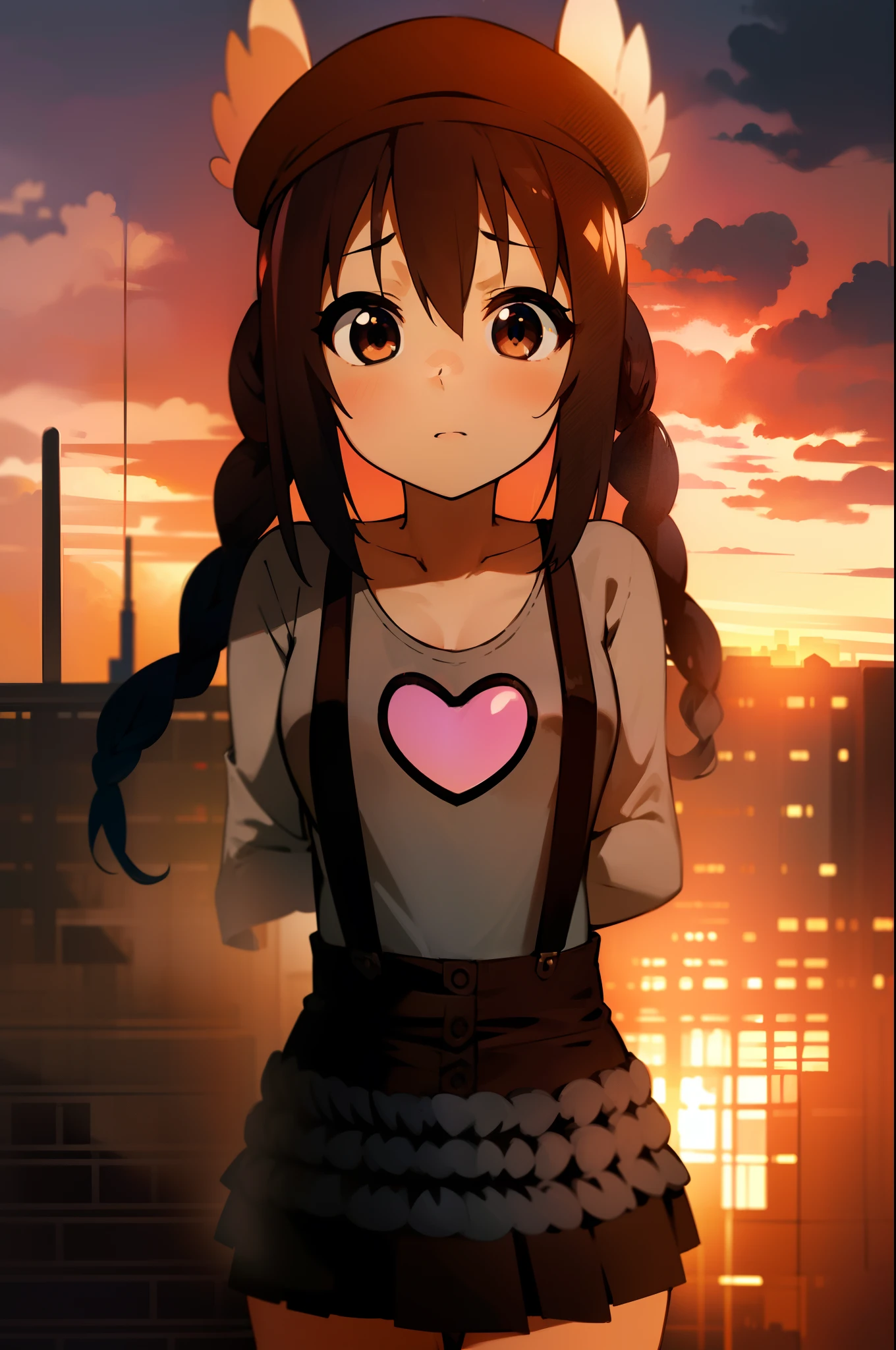 1girl, (((masterpiece))), top-quality, top-quality, High Details, nakano azusa, 1girl, Twin-tailed, length hair, A dark-haired, brown-eyed, Gray T-shirt.suspenders.a black skirt.illustratio, comic strip, soothing tones, Subdued Color, Soft cinematic light, adobe lightroom, photolab, HDR, intricately and hyper-detailed、(((depth of fields))))。(((masterpiece)))。(((top-quality))).)((ultra-detailliert)))。(((illustratio)))。(((takeout))).dynamic focus.Medium chest.(((Skyscrapers))).(((A city scape))).(((Straight face))).(((up chest))).((evening glow)).((the setting sun)).(((Heart on chest))).Feathered hat.Opening Mouth.