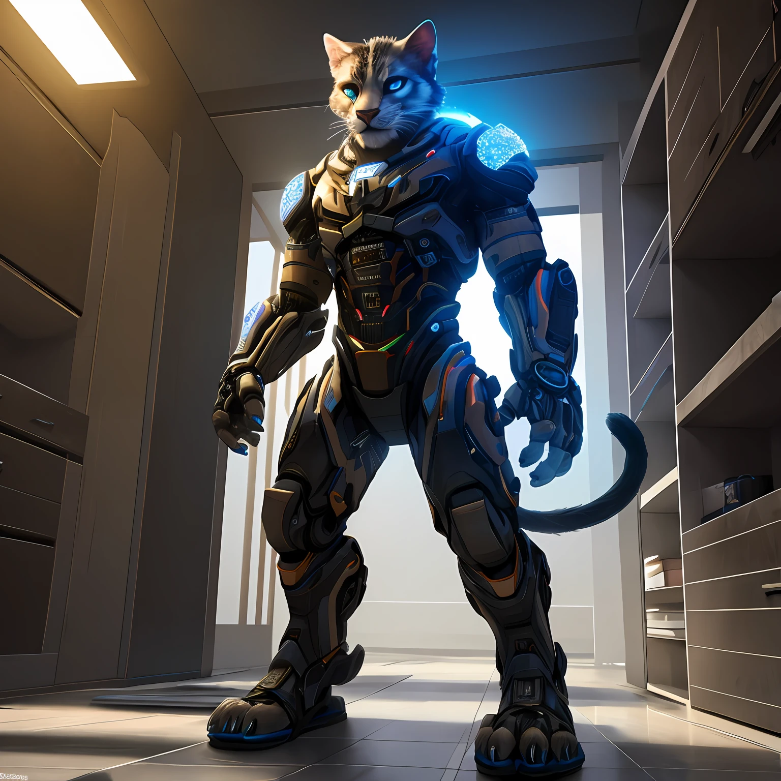 An advanced bionic mech, cybrog, anthro, cat, male, full body, Delicate face, Delicate eyes, 1 tail, (glowing LED), energy, digitigrade,Standing on the tiles in the apartment, extremely detailed CG unity 8k wallpaper, realistic, masterpiece, highest quality, lens flare, unreal engine, trending on ArtStation, Intricate, High Detail, dramatic, realism, Sandals