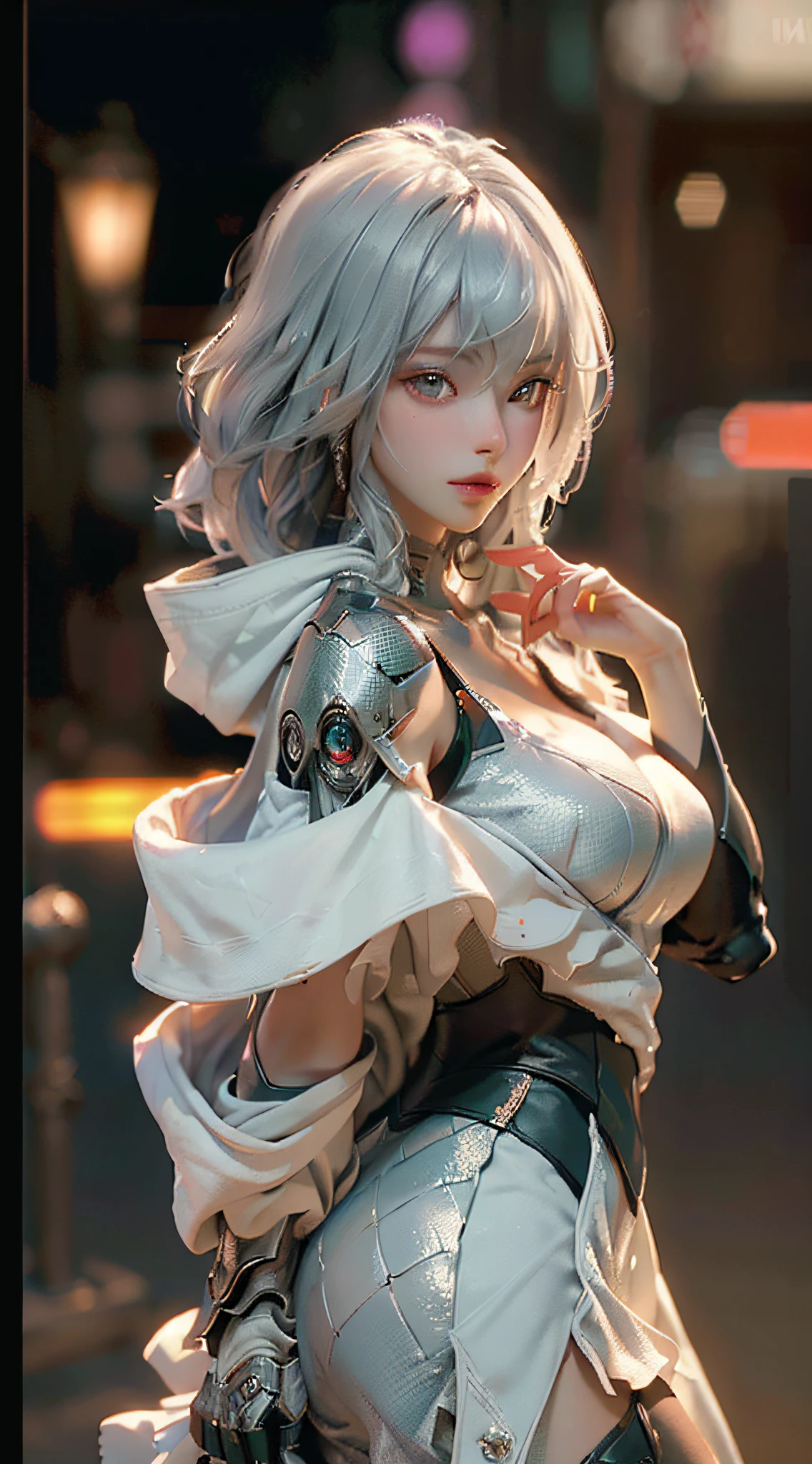 ((Best quality)), ((masterpiece)), (detailed: 1.4), 3D, an image of a beautiful cyberpunk woman, silver hair, night metropolis background, HDR (High Dynamic Range),Ray Tracing,NVIDIA RTX,Super-Resolution,Unreal 5,Subsurface dispersion, PBR texture, Post-processing, Anisotropic filtering, Depth of field, Maximum clarity and sharpness, Multilayer textures, Albedo and specular maps, Surface shading, Accurate simulation of light-material interaction, Perfect Proportions, Octane Render, Two-Tone Lighting,Wide Aperture,Low ISO,White Balance,Rule of Thirds,8K RAW,