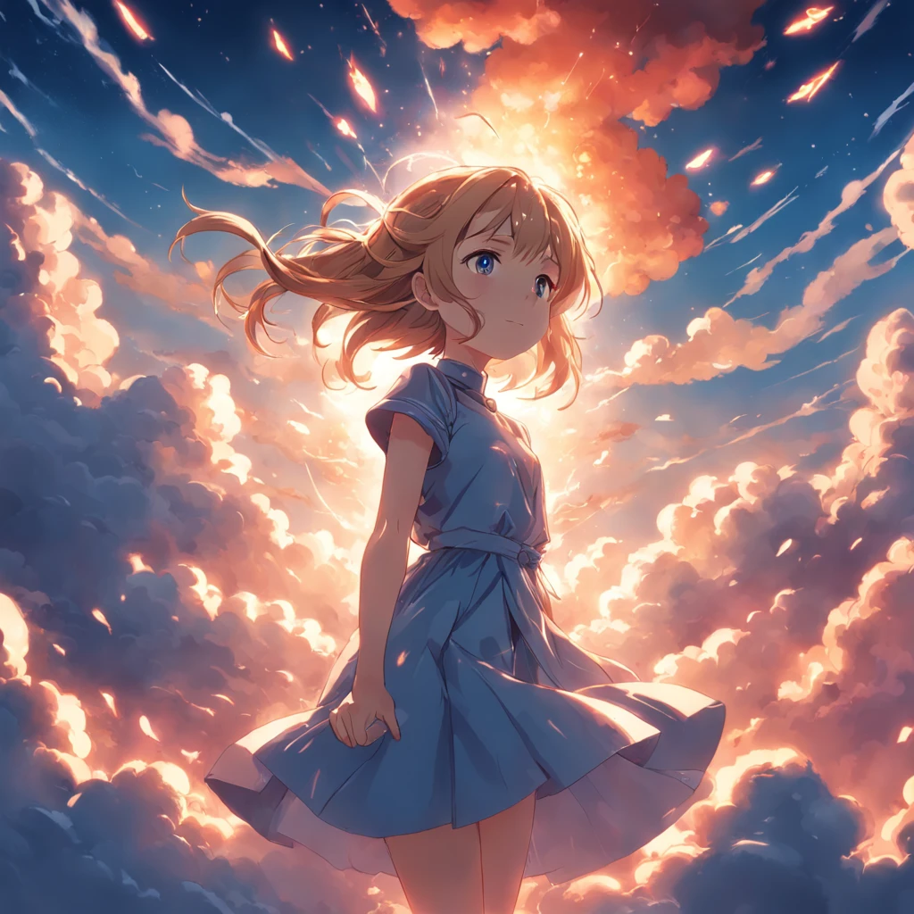 masterpiece, best quality, movie still, 1girl, cloud girl, floating in the sky, close-up, bright, happy, warm soft lighting, sunset, (sparks:0.7)