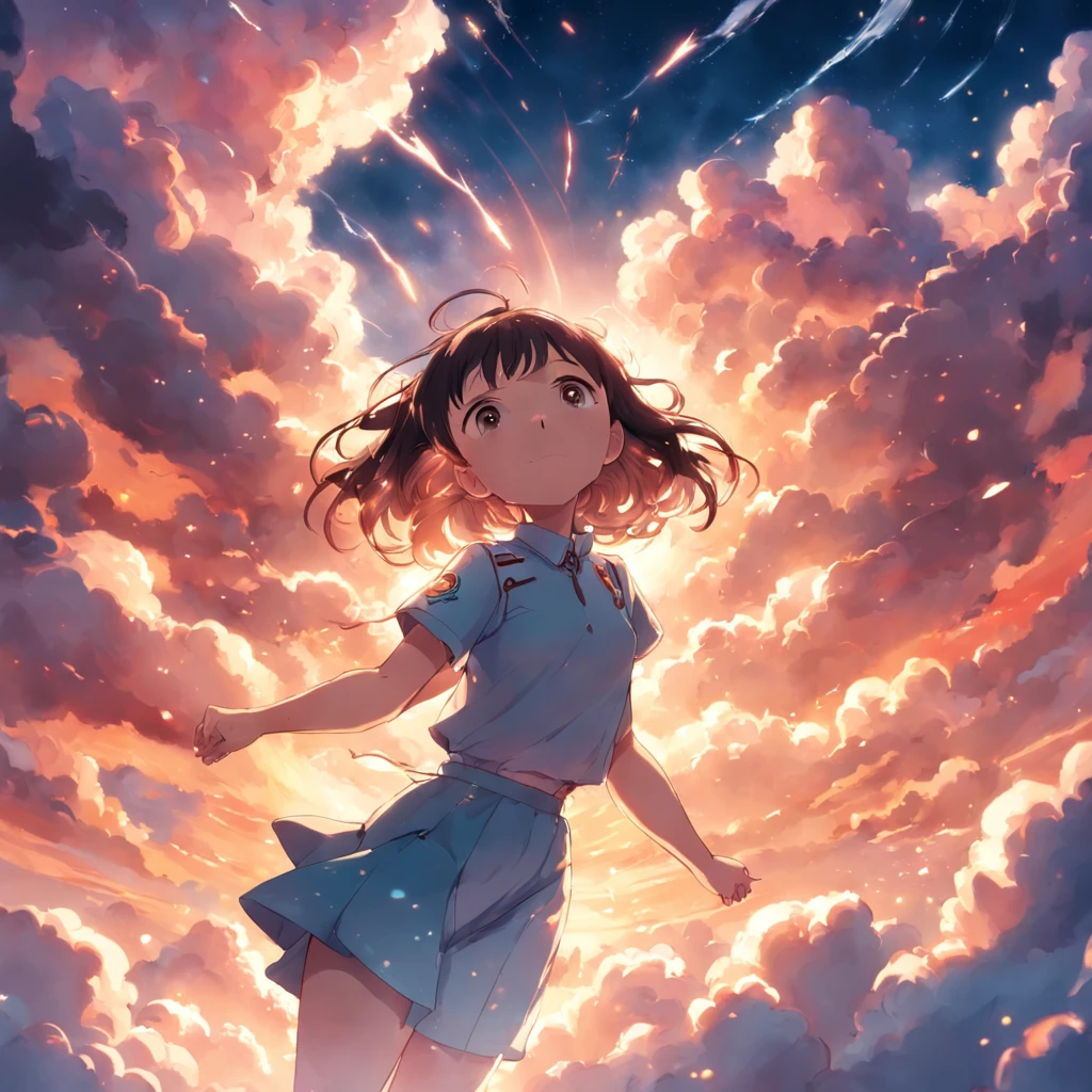 masterpiece, best quality, movie still, 1girl, cloud girl, floating in the sky, close-up, bright, happy, warm soft lighting, sunset, (sparks:0.7)