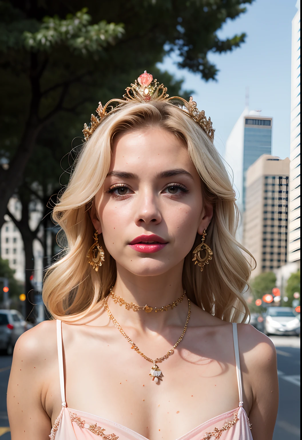 (Stunningly beautiful photorealistic medium shot of a woman dressed as Peach Princess, Pink dress, Golden crown, Earrings and necklace, White gloves, :1.3), (red lipstick, choker:1.2), noticeably delineated visible massive breast and wide thighs and hips, alluring smile, casual hairstyle, highly detailed eyes, realistic eyeballs, detailed symmetrical realistic face, simetrick eyeballs, eyeballs small eyepieces, natural skin texture, highly detailed skin, porous skin, peach fuzz, masterpiece, absurd, dark eye colors, golden blonde hair, (background out of a street, skyscrapers, sidewalks, trees, bushes, flowers:1.4), long wavy hair, see-through clothes, full body 1.8, award winning photo by lee jeffries, stock photography nikon d850 film, kodak lens portra 400 f1.6 camera, extremely detailed, stunning, fine detail, rich color, hyper realistic texture, dramatic lighting, natural shadow, unrealengine, trending on artstation, cinestill 800 tungsten, looking at the viewer, photorealistic, RAW photo, TanvirTamim , high quality, high resolution, sharp focus, extremely small box, cinematic lighting, 8k uhd, focus on face