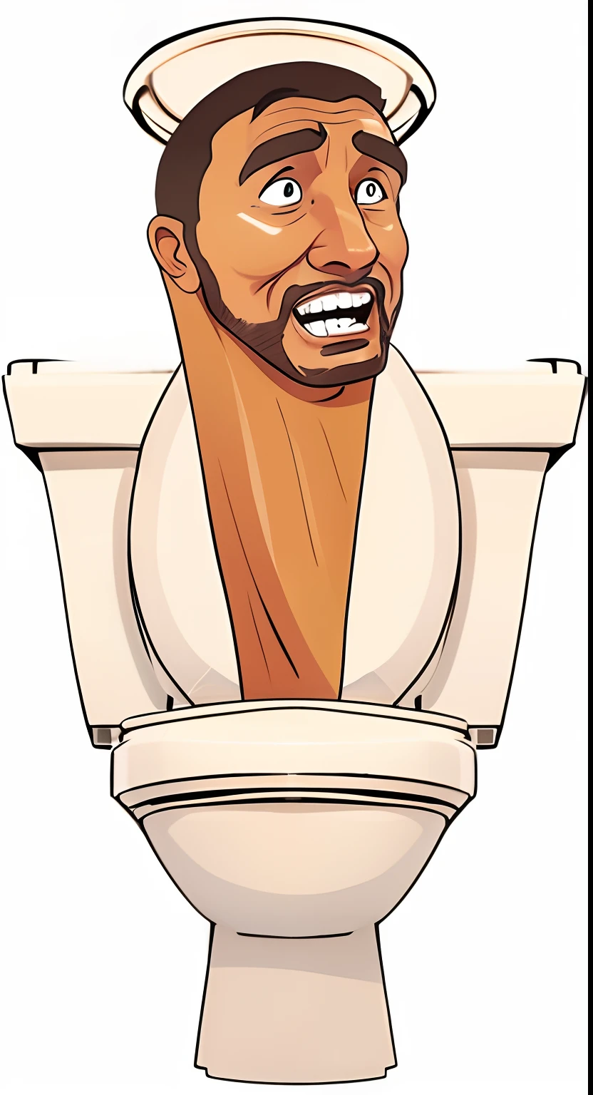A man poked his head out of the toilet,Overall simple cartoon style,Black line stroke,Toilets and heads as a whole are three-quarters of advertising,