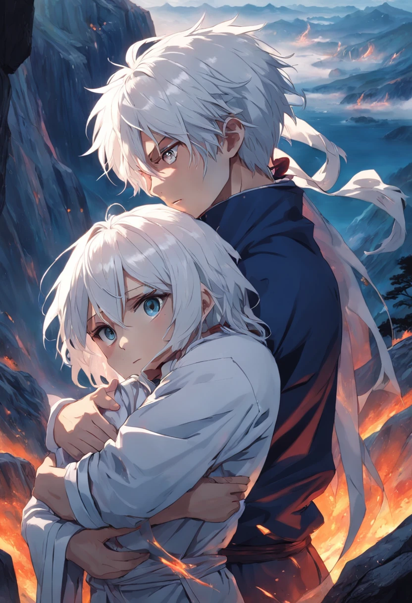 The boy with white hair，The arm is wrapped around a bandage，Standing in the mountain of corpses