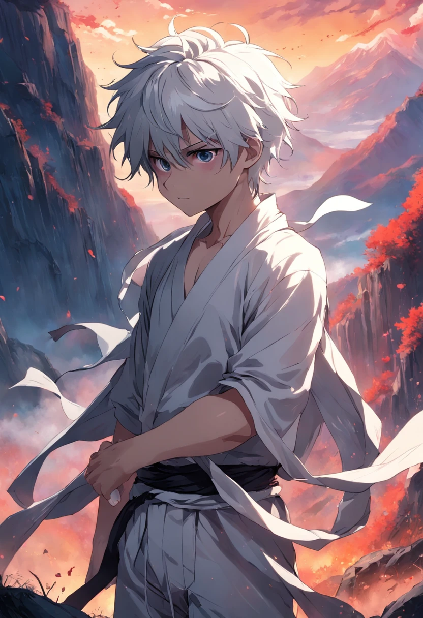 The boy with white hair，The arm is wrapped around a bandage，Standing in the mountain of corpses
