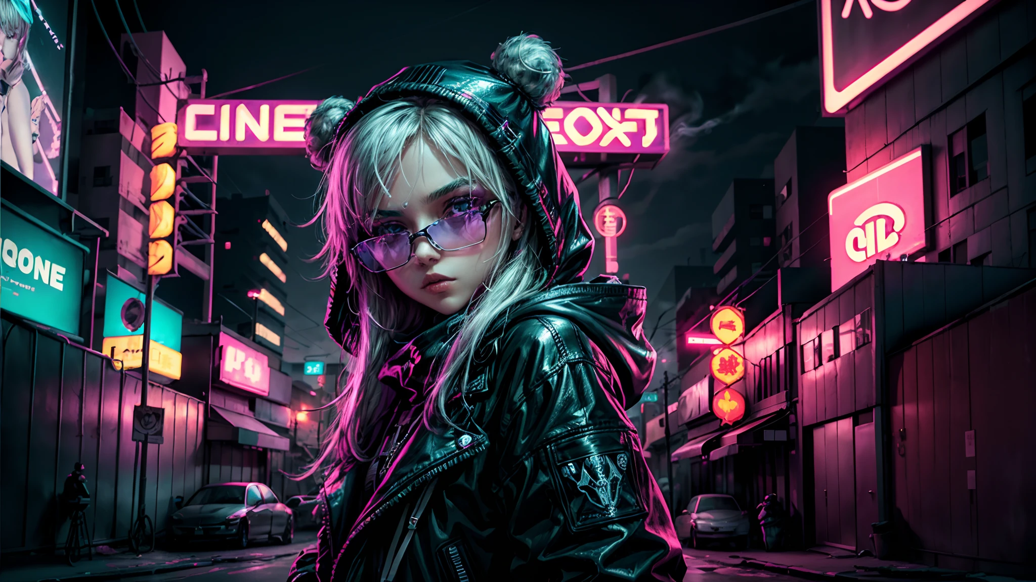 （（best qualtiy））， （（tmasterpiece））， （The is very detailed：1.3）， 3D，NeonNoir，Beautiful cyberpunk ****，（Oversized teddy bear：1）（Wearing sunglasses：1.2），（diamond-shaped pupils：1.2），Wears a long hooded cape，Smoking a cigarette，good body，Purple neon on the monitor，Colorful neon signs on the wall，the street lights，(White emanates:1.1)，contempt eyes，Stand on the street，nevando，Sony Master Lens，