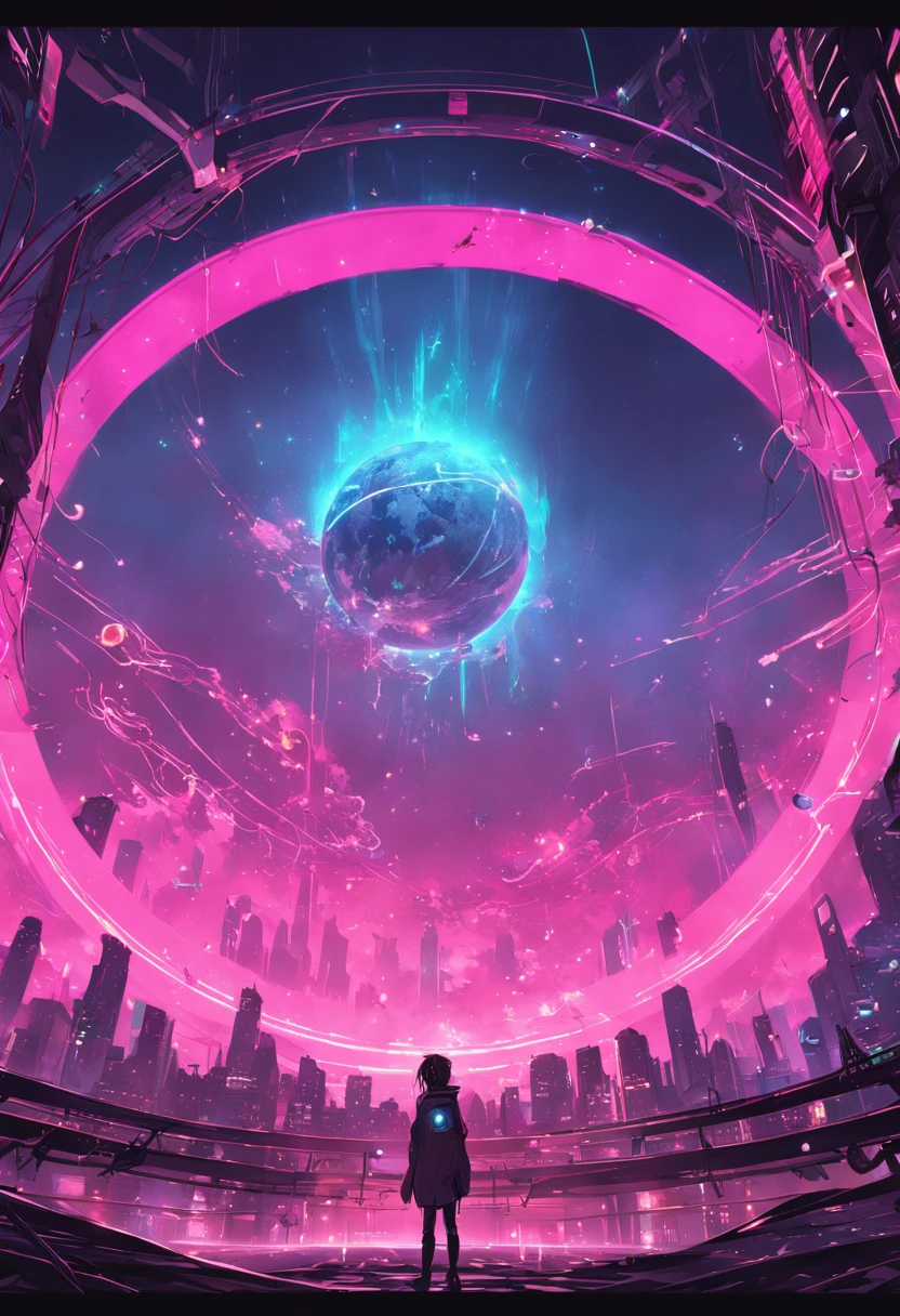 "Immersed in a cyberpunk-inspired, neon-drenched world, captivated by the surreal sight of a ring-shaped planet dominating the sky, filled with mesmerizing digital artistry."