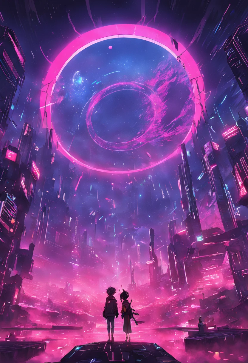 Two people standing in front of a futuristic city with a pink light ...
