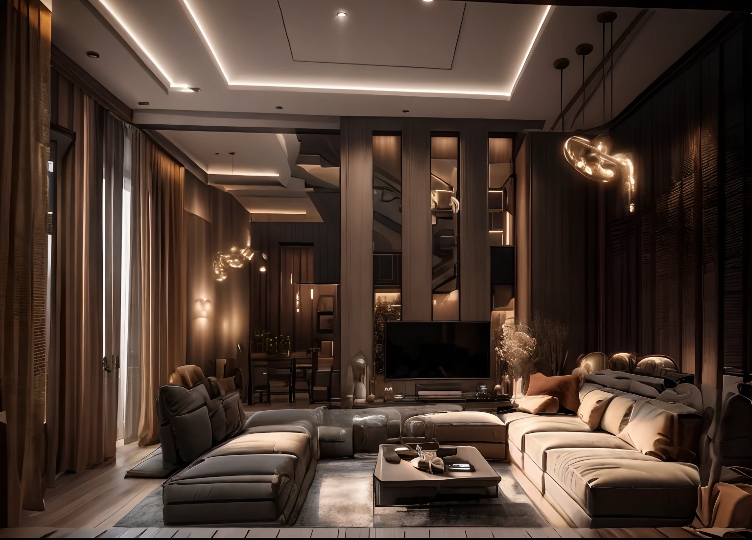 there is a living room with a television and a couch, listing image, living room, interior, interior living room, well - decorated, homely atmosphere, high ceiling, an interior of room, interior of room, house interior, interior of a living room, interior view, inside view, hoang long ly, furnished room, the living room, masterpiece