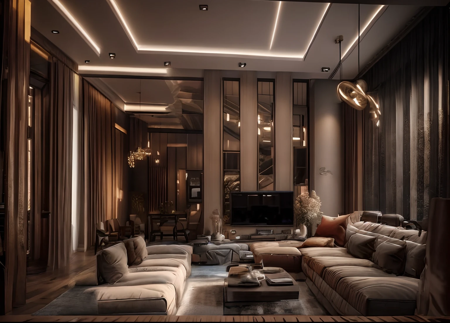 there is a living room with a television and a couch, listing image, living room, interior, interior living room, well - decorated, homely atmosphere, high ceiling, an interior of room, interior of room, house interior, interior of a living room, interior view, inside view, hoang long ly, furnished room, the living room, masterpiece