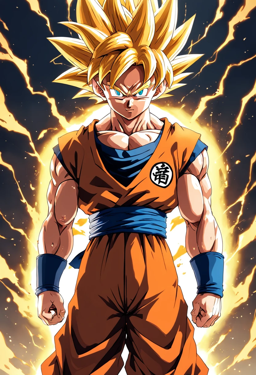 uma arte detalhada de Goku com roupas laranjas e transformado em Super Sayajin com efeitos de raios amarelos ao seu redor, carregando seu Kamehameha, Dragon ball z, 4k, Full HD, corpo inteiro, inspirado em Akira Toriyama, Estilo de arte de Dragon Ball, 动漫壁纸, estilo de desenho hiper-realista, arte de anime limpa e detalhada, dynamic background.