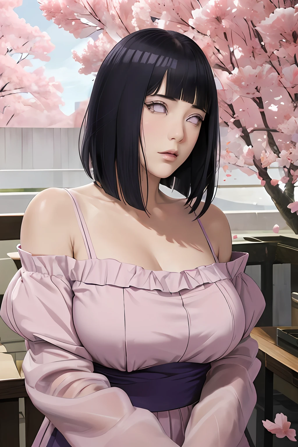 masterpiece, absurdres, hinata\(boruto\), 1girl, solo,mature female, off-shoulder lace shirt, looking at viewer, (falling petals), perfect composition, detailed lips, big breast, beautiful face, body propotion, blush, (pink lips), long hair, purple eyes, soft gaze, super realistic, detailed, photoshoot, realistic face and body,