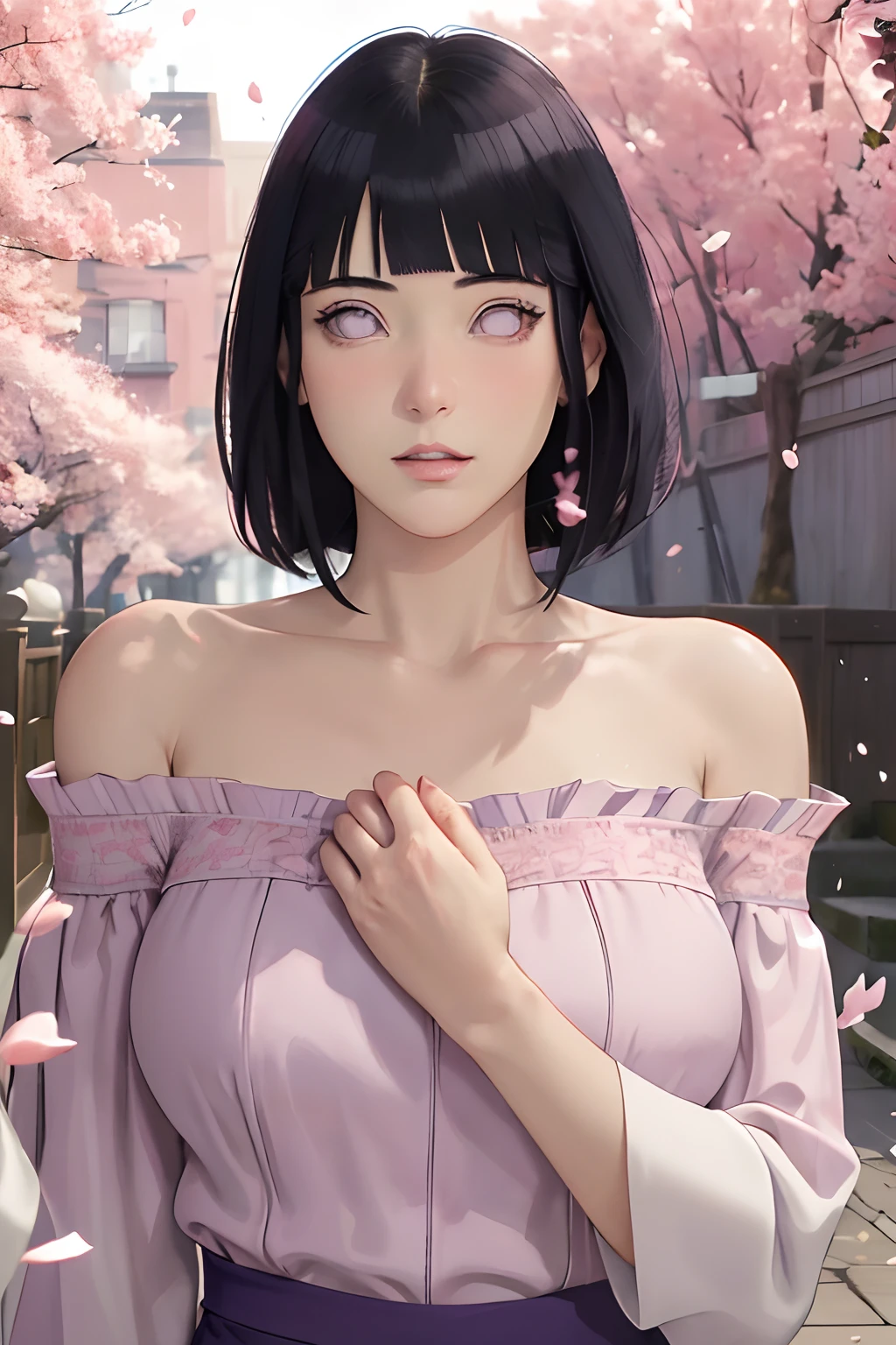 masterpiece, absurdres, hinata\(boruto\), 1girl, solo,mature female, off-shoulder lace shirt, looking at viewer, (falling petals), perfect composition, detailed lips, big breast, beautiful face, body propotion, blush, (pink lips), long hair, purple eyes, soft gaze, super realistic, detailed, photoshoot, realistic face and body,