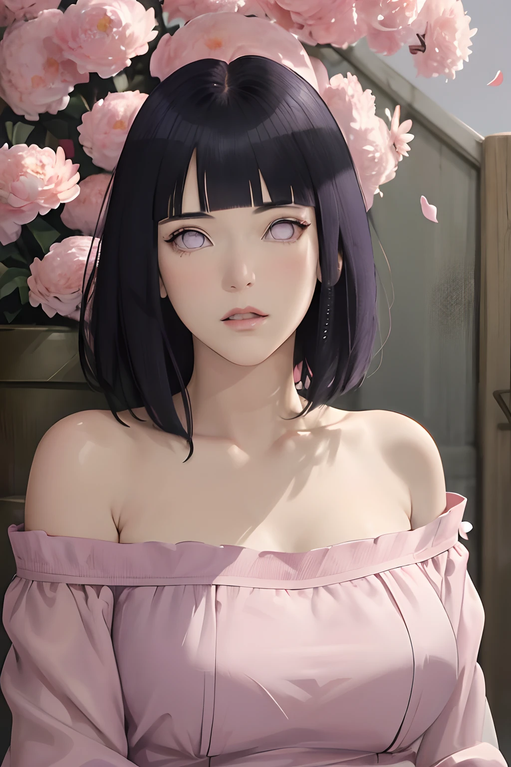 masterpiece, absurdres, hinata hyuga, 1girl, solo,mature female, off shoulder floral dress, looking at viewer, (falling petals), perfect composition, detailed lips, big breast, beautiful face, body propotion, blush, (pink lips), long hair,  purple eyes,  soft gaze,  super realistic, detailed, photoshoot, realistic face and body, sexual expression, seductive expression,