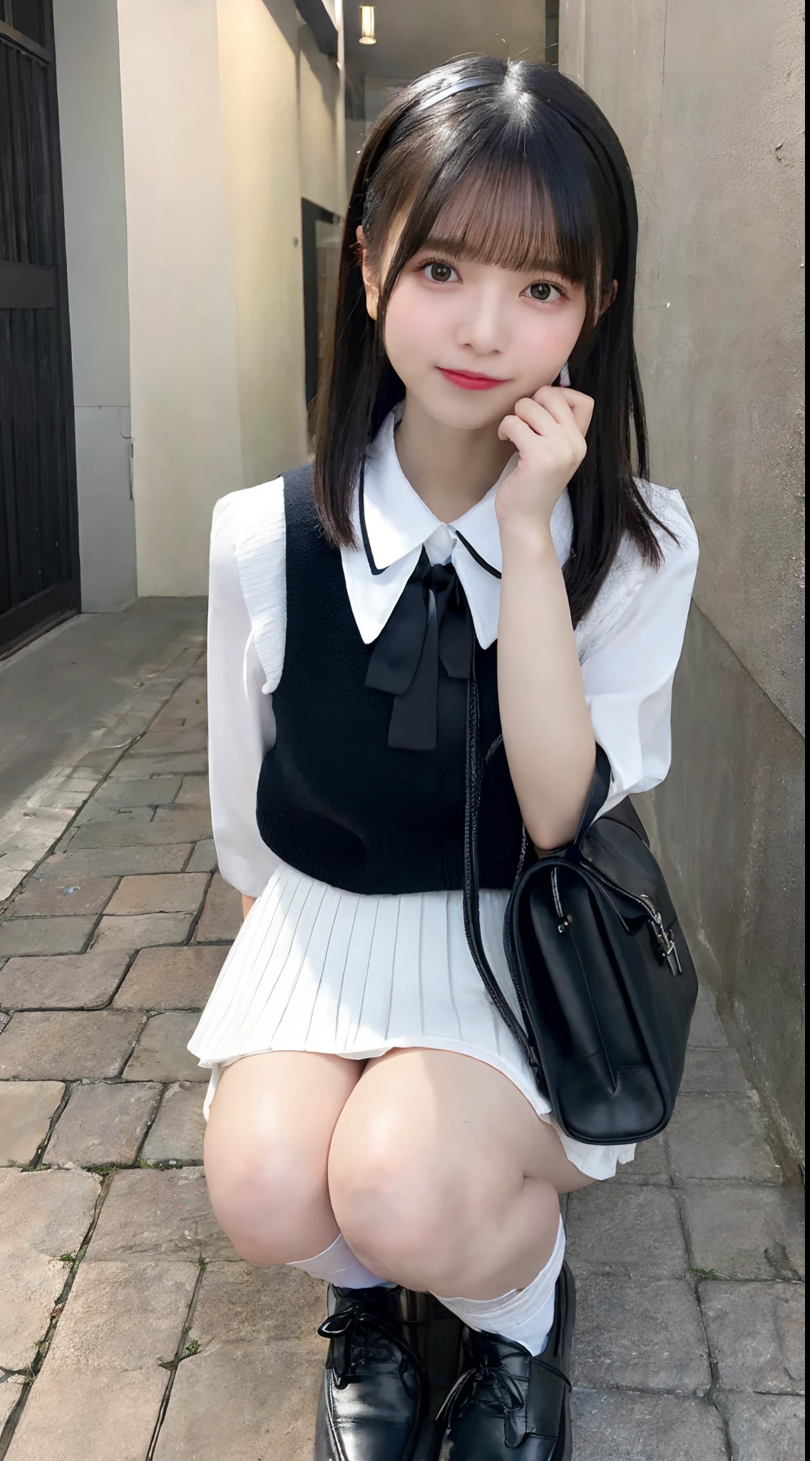 mix4, (8K, Raw photography, Top image quality, masterpiece: 1.45), (realisitic, Photorealsitic: 1.37), one girls, cute little, A city scape,, profetional lighting, photon maping, Radio City, physically-based renderingt, Gradient black hair,, a handsome, girl with, (((student clothes、Silk White Blouse、Dark blue knitted vest、White satin mini skirt、No red tie pattern、Black High Socks、Black Loafers Leather Shoes))), Top Quality Photos, hight resolution, 1080p, (clearface), (Detailed face description), (Detailed hand description), (masterpiece), (Exquisite CG)、extreme light and shadows、dishevled hair、master work、abundant detail、(Fine facial features)、(top quality photo)、(masuter piece)、(A detailed eye)、Look in front of you、Fine clavicle、((Slender big))、((White beret)))、((Cute idol system))、((School Grounds))、(Shooting from random perspectives)、(((Anyway cute)))、耳Nipple Ring、A big smile、Drawing the whole body from the knees、Do not draw nasolabial folds、(((Holding a leather student bag in both hands)))、Big breasts that stand out from the top of clothes、Two legs、