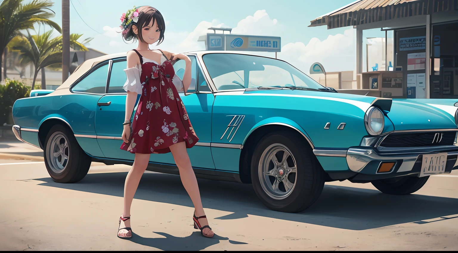 Octane Render、(Hyper-detailing: 1.15)、(Soft light、sharp: 1.2)、morning、Little girl posing in front of car in parking lot near beach, Full body,Accessories for shoes、( hair adornments、耳Nipple Ring、Floral hair ornament、butterfly hair ornament)、 Fuji Film, F/4.0, masutepiece, Anatomically correct、A smile, radiant light