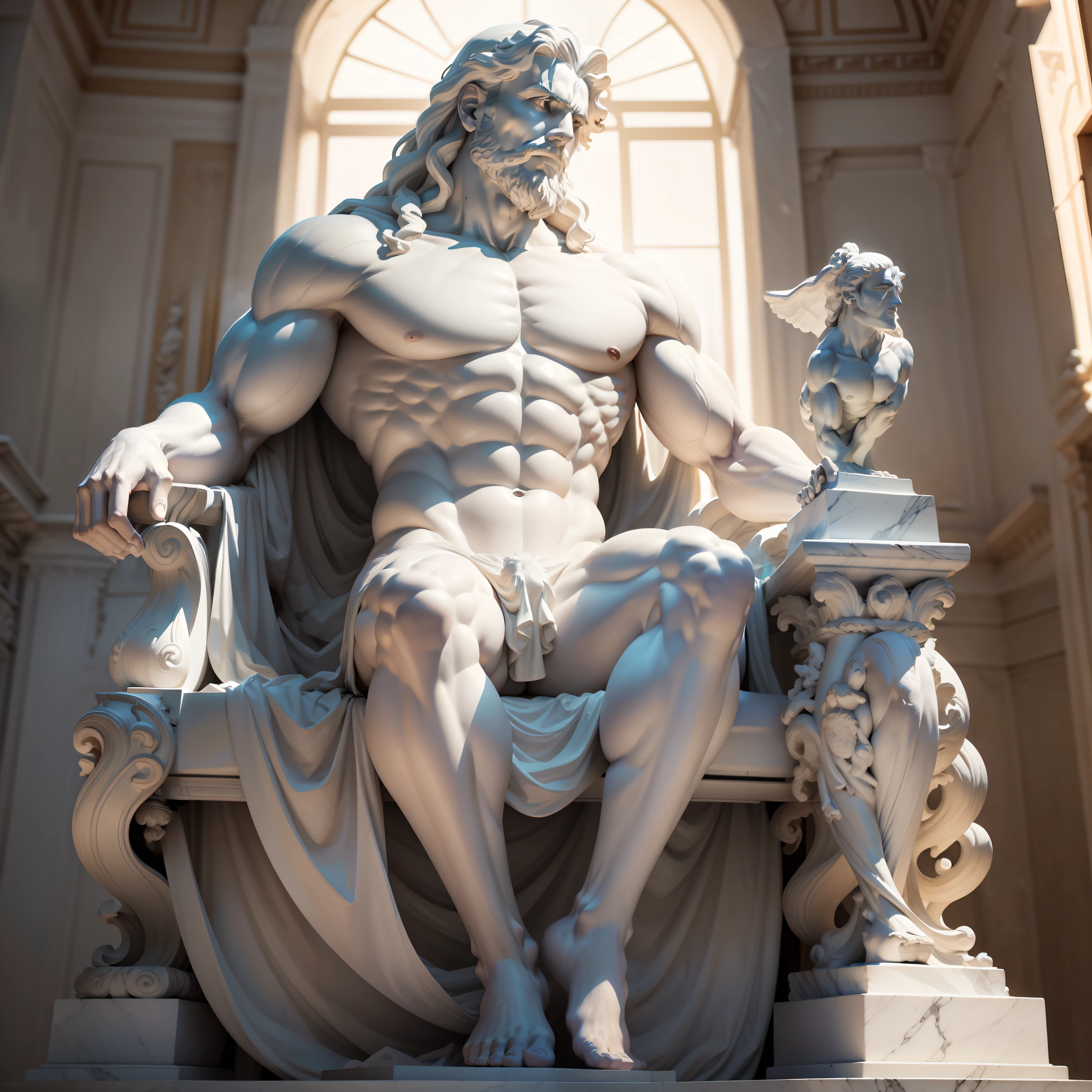 A realistic full-length Greek white marble statue of ghostly semi nude Hercules, fundo neutro, Moody, , fotorrealista, cinematographic scene, super detalhada, hiper realista, luzes brilhantes, 8 K
