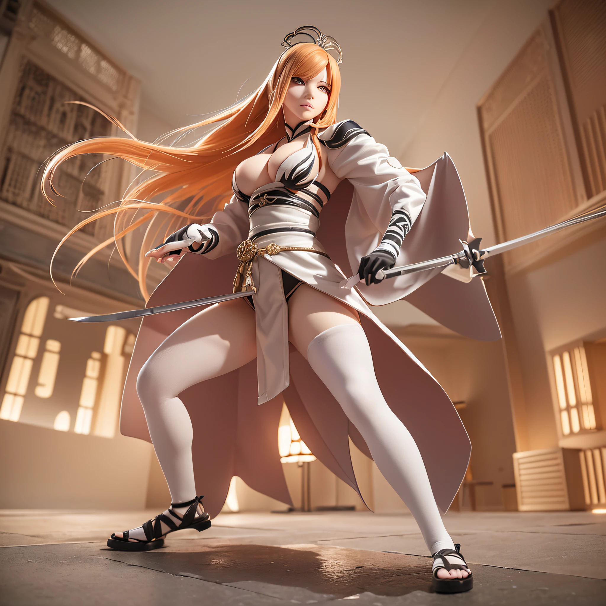 ((3D anime:1.2, Manga Bleach:1.1), best quality, detailed, high resolution, (Mascot:1.3, Rangiku Matsumoto:1.2) Rangiku Matsumoto - (A Shinigami and lieutenant of the 10th Soul Society squadron, known for her laid-back personality and her physical attributes). Light eyes, which shine in situations of intense combat, orange hair, large chests, defined musculature, pale skin, black kimono, warriors measuring more than 1.80 m, sword, design and intricate clothing, dynamic movements, Soul Society city background, (excellent lighting, detailed shadows, dynamic camera angle and pose)