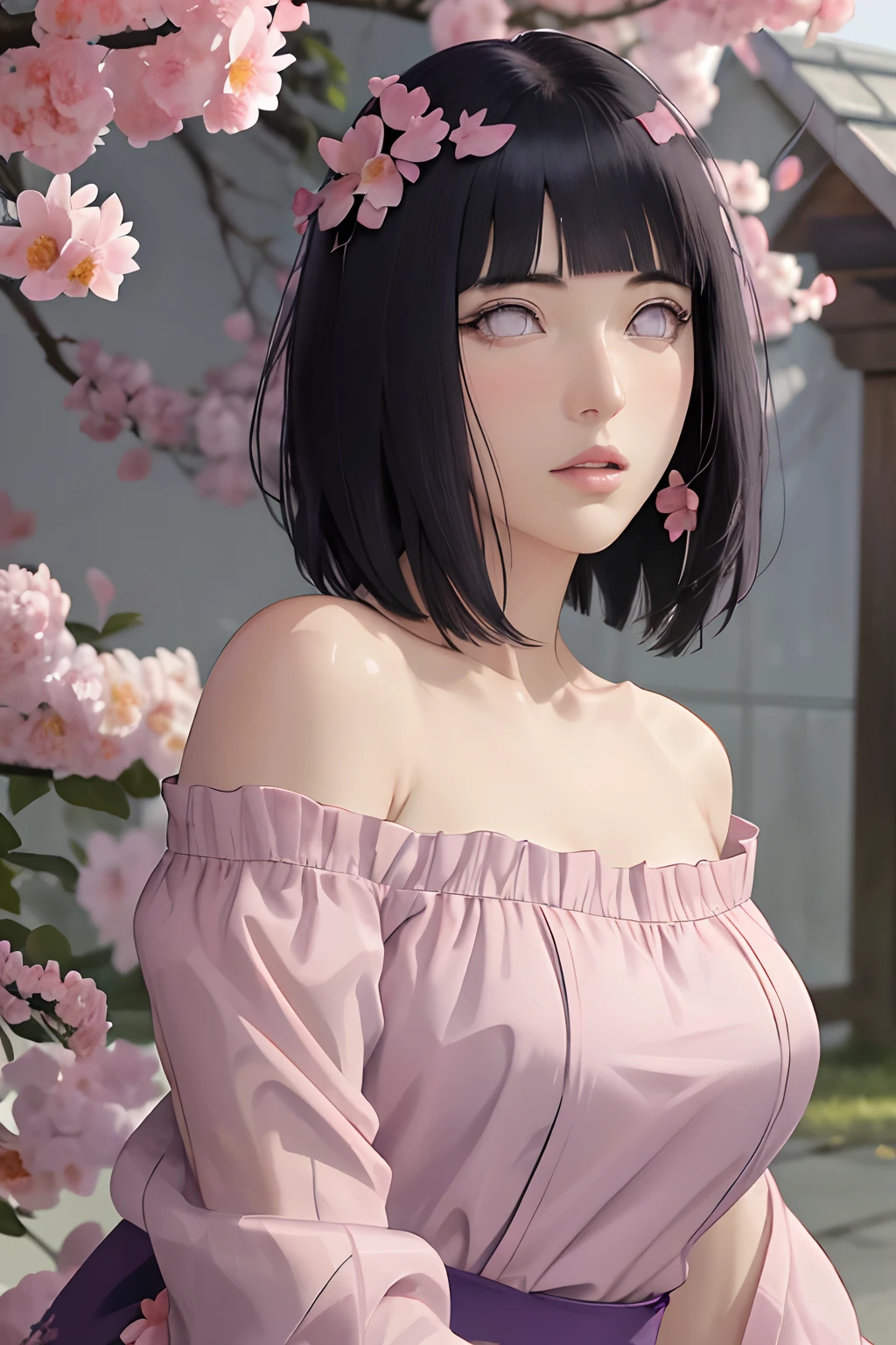 masterpiece, absurdres, hinata\(boruto\), 1girl, solo,mature female, off-shoulder lace shirt, looking at viewer, (falling petals), perfect composition, detailed lips, beautiful face, body propotion, blush, (pink lips), long hair, purple eyes, soft gaze, super realistic, detailed, photoshoot, realistic face and body, side view