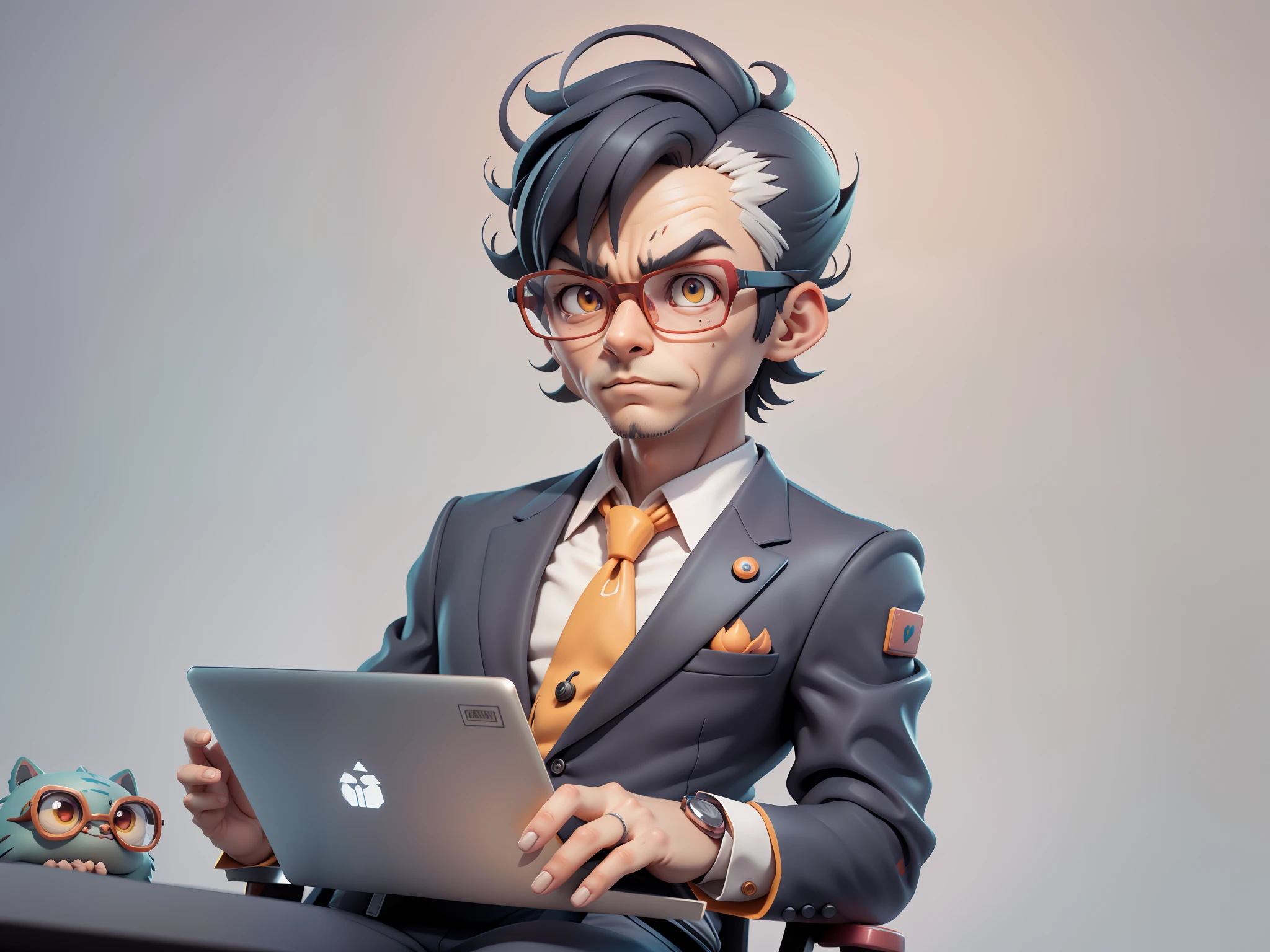 A young man in a suit, Short hair and glasses sat at his desk,holding laptop,digitial painting,tigre,3D character design by Mark Clairen and Pixar and Hayao Miyazaki and Akira Toriyama,4K HD illustration,Very detailed facial features and cartoon-style visuals。