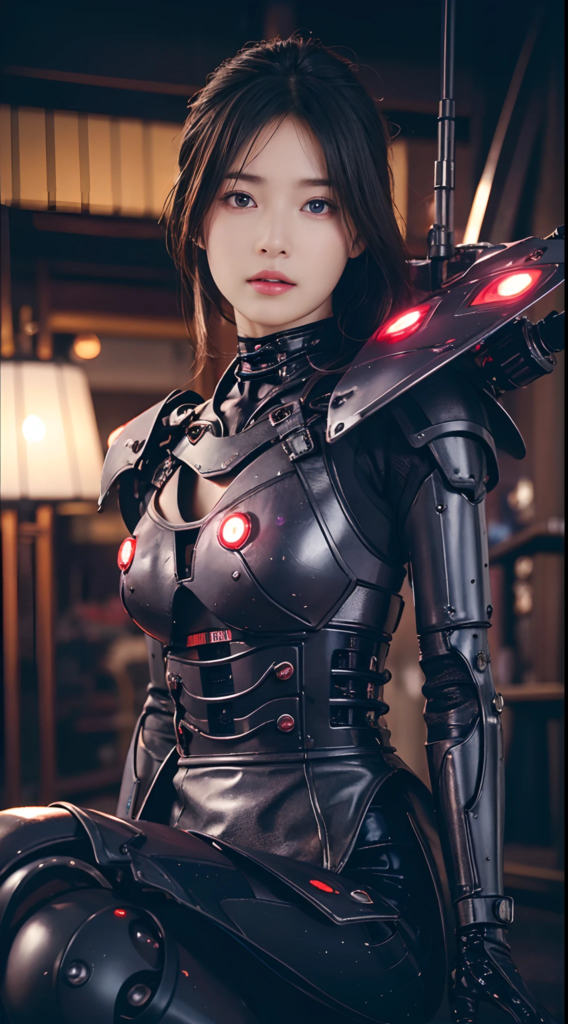 Top Quality, Masterpiece, Ultra High Resolution, (Photorealistic: 1.4), Raw Photo, 1 Girl, Black Hair, Glossy Skin, 1 Mechanical Girl, (Ultra Realistic Detail)), Portrait, Global Illumination, Shadows, Octane Rendering, 8K, Ultra Sharp, Big, Cleavage Exposed Raw Skin, Metal, Intricate Ornament Details, Japan Details, Very intricate details, realistic light, CGSoation trend, purple eyes, glowing eyes, facing the camera, neon details, mechanical limbs, blood vessels connected to the tube, mechanical vertebrae attached to the back, mechanical cervical attachment to the neck, sitting, wires and cables connecting to the head, gundam, small LED lamps,