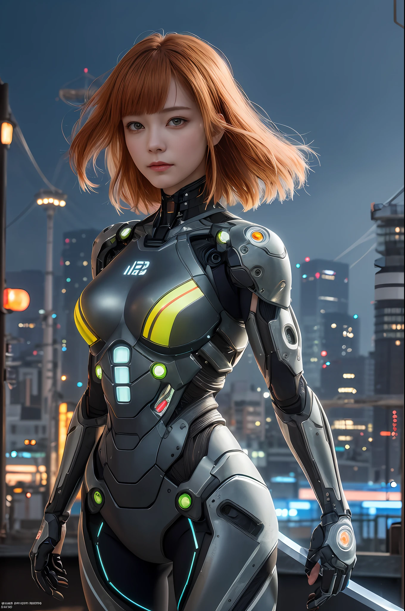 Cybernetic arm and glowing cyber girl, Stand on a post-apocalyptic battlefield cityscape.Surrounded by a network of wires. Surrounded by a web of circuits. (Cyber girl with a shining Japan sword:1.3), Glossy light brown and orange striped shorthair,Perfect round face,Proper body proportion,masutepiece,Super high-quality output images,hight resolution,Intricate details,Very delicate and beautiful hair,photos realistic,Dreamy,Professional Lighting,realistic shadow,Solo Focus,Beautiful hands,Beautiful fingers,Detailed finger features,detailed clothes features,Detailed hair features,detailed facial features,