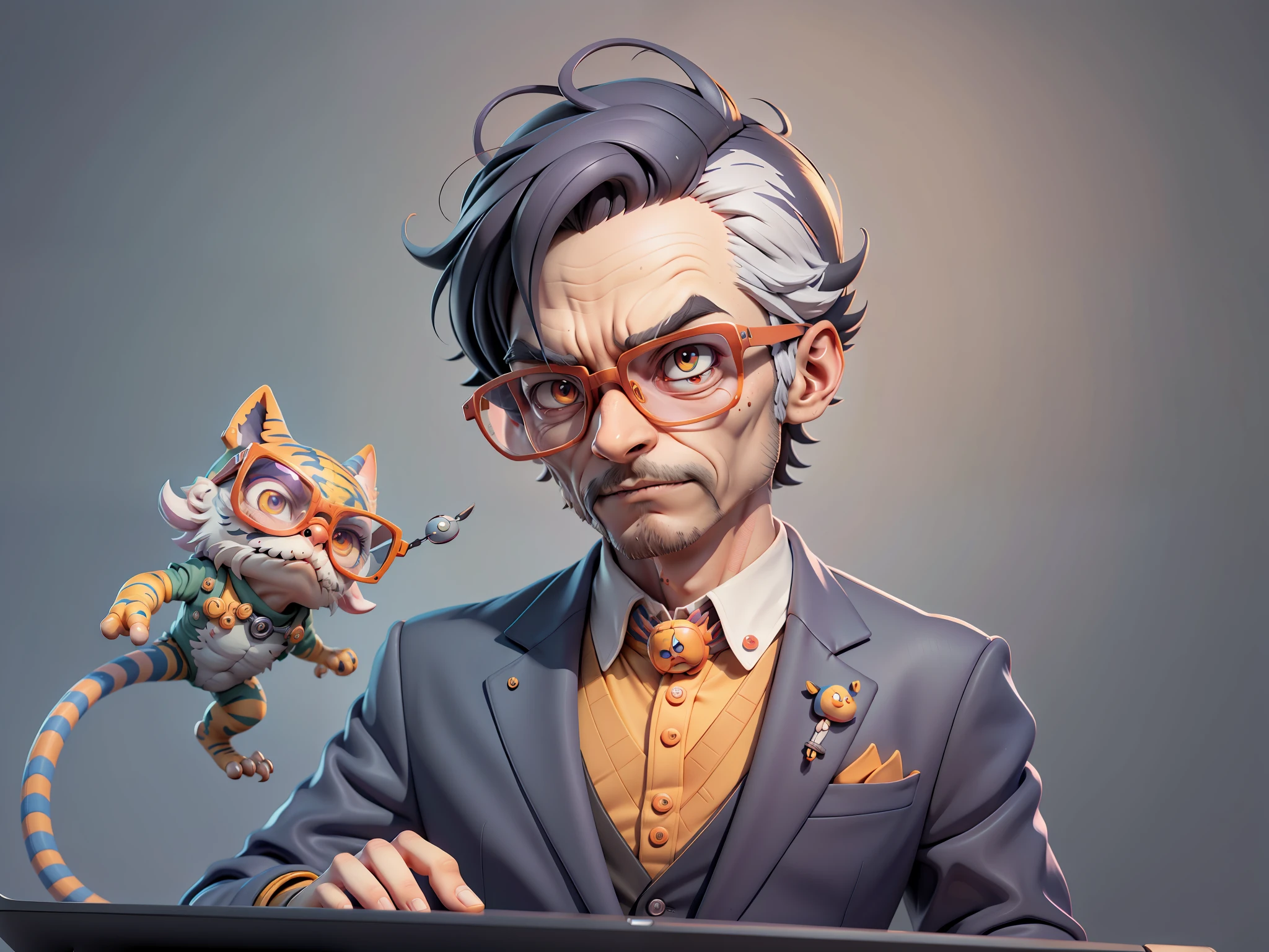 A young man in a suit, Short hair and glasses sat at his desk,holding laptop,digitial painting,tigre,3D character design by Mark Clairen and Pixar and Hayao Miyazaki and Akira Toriyama,4K HD illustration,Very detailed facial features and cartoon-style visuals。