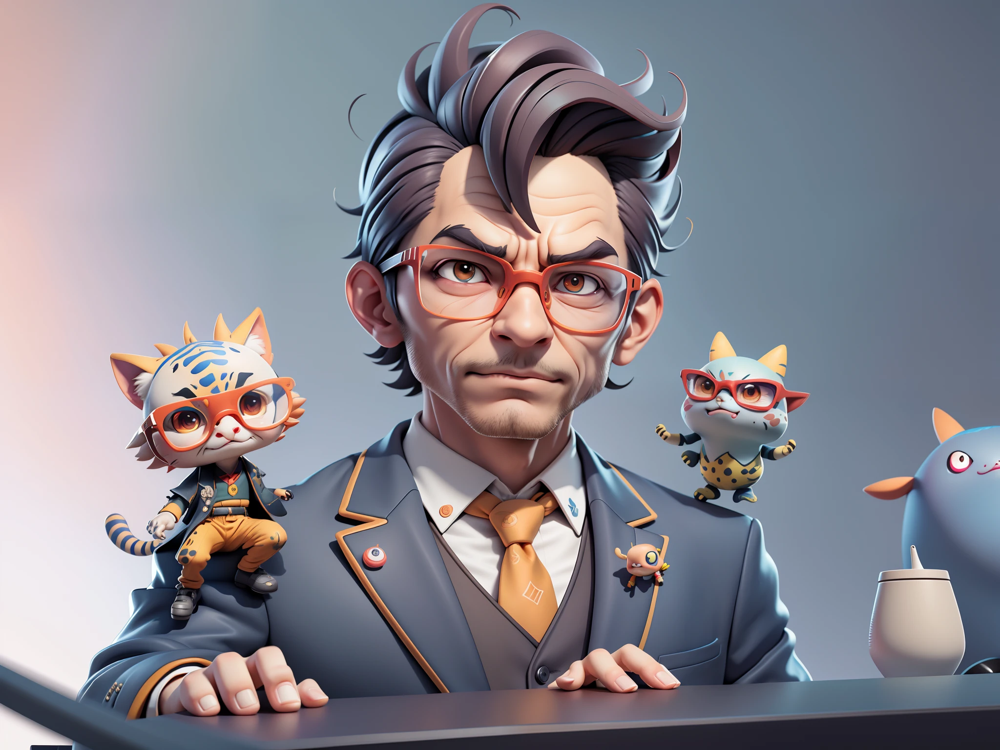 A young man in a suit, Short hair and glasses sat at his desk,holding laptop,digitial painting,tigre,3D character design by Mark Clairen and Pixar and Hayao Miyazaki and Akira Toriyama,4K HD illustration,Very detailed facial features and cartoon-style visuals。