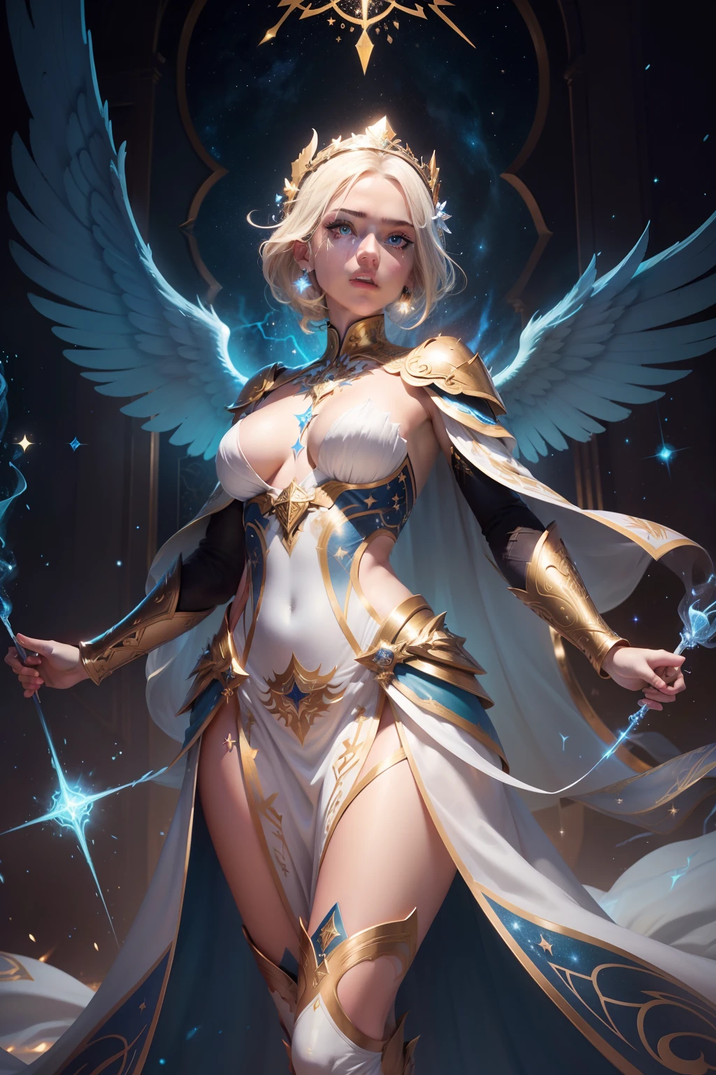 Bold spangled graphic illustration, dynamic pose, bioluminescent gold glow, glowing constellation tattoos, light fantasy, warrior garments, white gold lights, dreams, starry night, splash art, photo, 8k, shot on camera Canon 1DX, 50 mm f/2.8 lens, raw, one magnificent messenger angel, whole body, the word of god coming from her mouth, electric blue fire electric lasers coming from her eyes, huge white and gold wings, modest clothing, masculine armor, glowing constellation tattoos across her skin and face, deadly, fully clothed, short straight blonde hair, flowing ornate white gold gown, glowing tattoos, constellations, caring expression, fully clothed, empress, warrior, bokeh in the style of da Vinci.