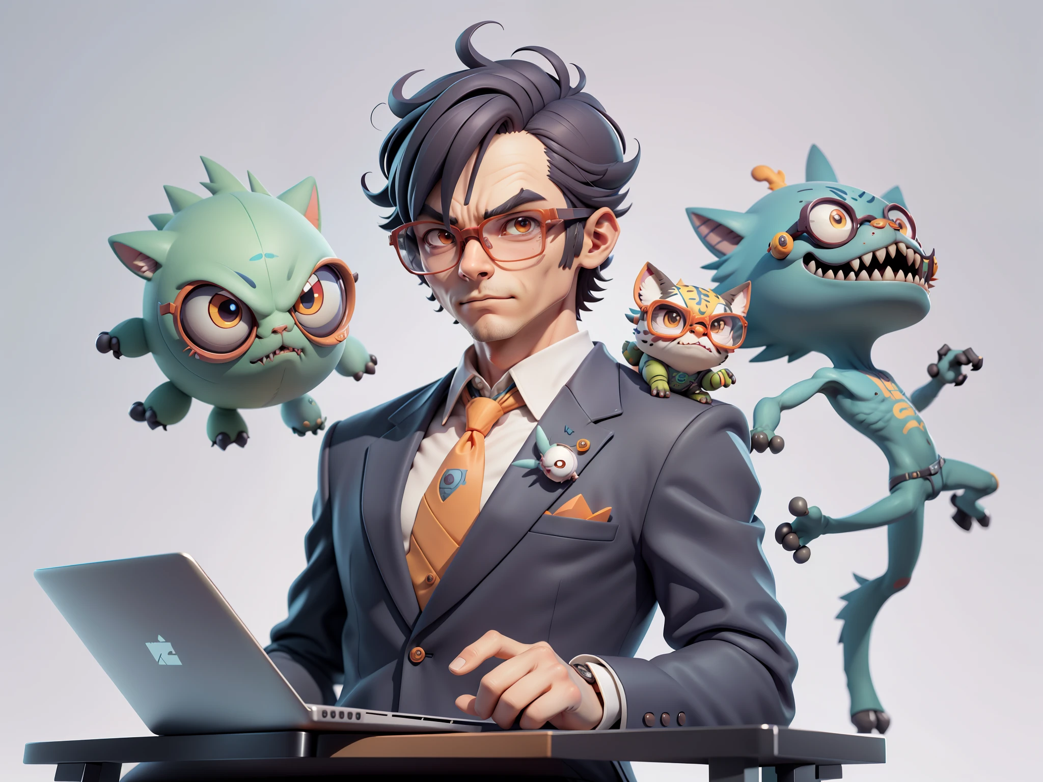 A young man in a suit, Short hair and glasses sat at his desk，holding laptop，digitial painting，tigre，3D character design by Mark Clairen and Pixar and Hayao Miyazaki and Akira Toriyama，4K HD illustration，Very detailed facial features and cartoon-style visuals。