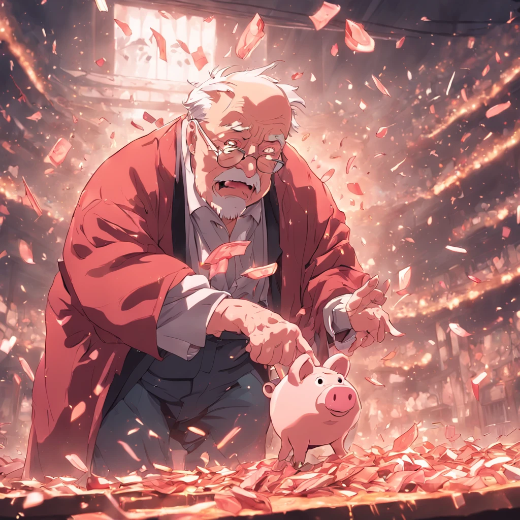 old man breaking piggie bank