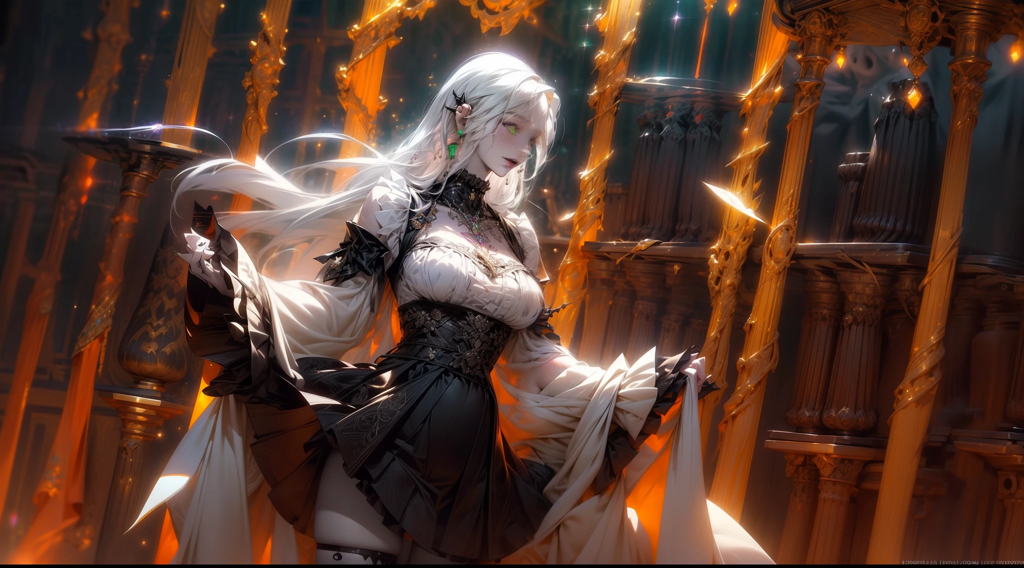 (necromance:1.2) girl, 1girl, perfect and well designed shiny eyes, (beautiful detailed (emerald:1.3) marsh eyes:1.05), natural breasts, slim body, beautiful and delicate face, (face detail), ((realistic face)), pores, ((pale skin)), detailed skin, realistic skin, medium length hair, hair voluminous, super high resolution, 8k, parameters Best quality, (masterpiece:1.4), (magic accessories:1.4), bracelets, necklaces, dark extremely detailed thick tight ((lacy silk clothing:1.3), (lacy wrap dress:1.2), (lycra kimono:0.8),(wild goth skirt:1.5)), (shabby ruffles coat:1.6), (embroidery and lace:1.3), (jewelry ornaments:1.6), hair ornament, (cloth:1.3), (neckline:1.3), (cleavage), decolette, navel, Young Girl, Little Beast, (crazy:0.7) Smile, (Pale Skin:2.0), (19 Piercings:1.6), ((tattoos all over body, Tribal tattoos all over legs)), surrounded by darkness, (Darkness:1.2), Dark Fantasy, ultra detailed, photorealistic, ((Real image)), (best quality:1.4), super high resolution, (Realistic 2.0), More details, (full body portrait), (((1girl))), (witchcraft:1.5), magic energy flows and sparkles, (futurism:1.3), fantasy, (cyberpunk:1.4), (magic technologies:1.3), (beautiful and aesthetic:1.2), (fractal art:1.4), (cinematic light:1.1), (DUTCH ANGLE:1.75), 16K, HDR, RTX, Ray Tracing, Radiosity, Anisotropic Filtering, Subsurface Scattering, (((magic lights))), metallic reflections, Detailed, Realistic, 4k highly detailed digital art, (cool_color), extremely detailed CG unity 8k wallpaper, vibrant colors, (((seductive pose)))