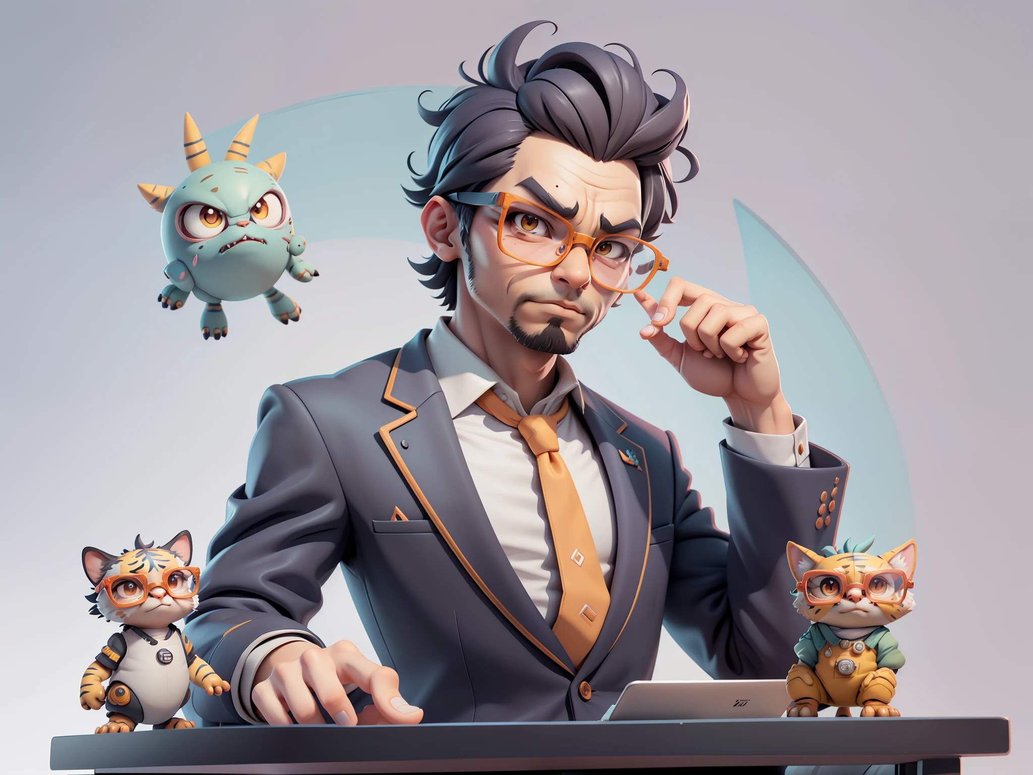 A young man in a suit, Short hair and glasses sat at his desk,holding laptop,digitial painting,tigre,3D character design by Mark Clairen and Pixar and Hayao Miyazaki and Akira Toriyama,4K HD illustration,Very detailed facial features and cartoon-style visuals。