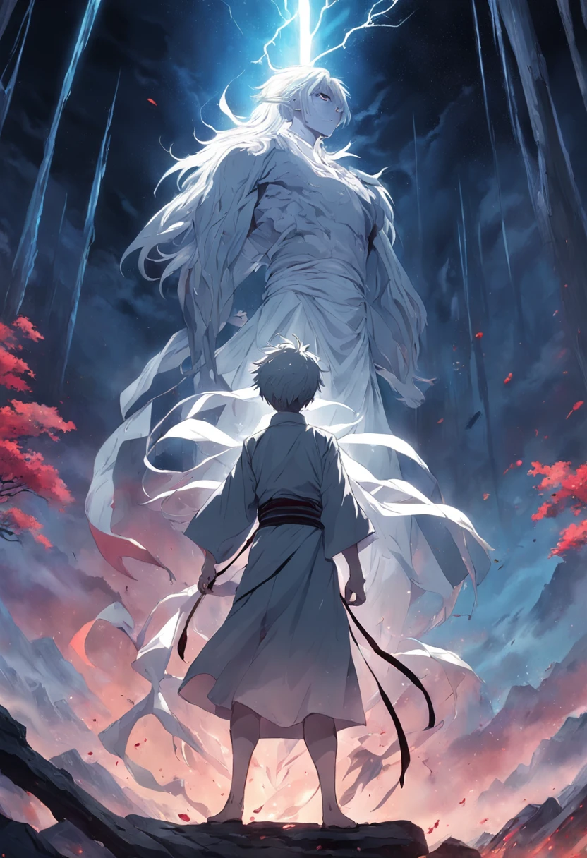 The boy with white hair，Thin and tall，A bandage is wrapped around the arm，Standing in the mountain of corpses